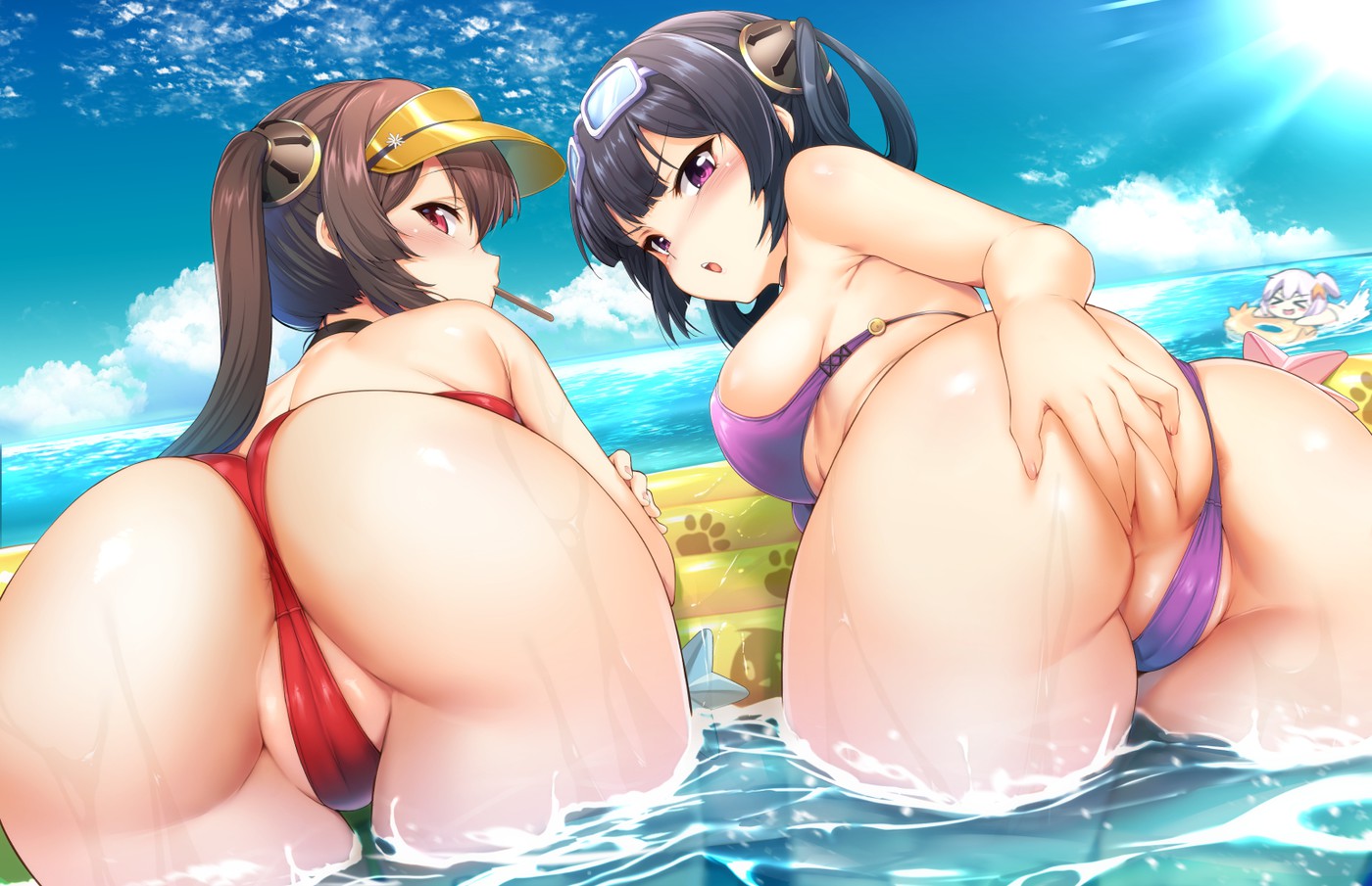 3girls, ass, ass grab, big ass, breasts, cameltoe, female, female only, ipuu (el-ane koubou), large breasts, looking at viewer, looking back, multiple females, multiple girls, outdoors, outside, partially visible vulva, pussy, sea, swimsuit, thick thighs, thigh gap, thighs