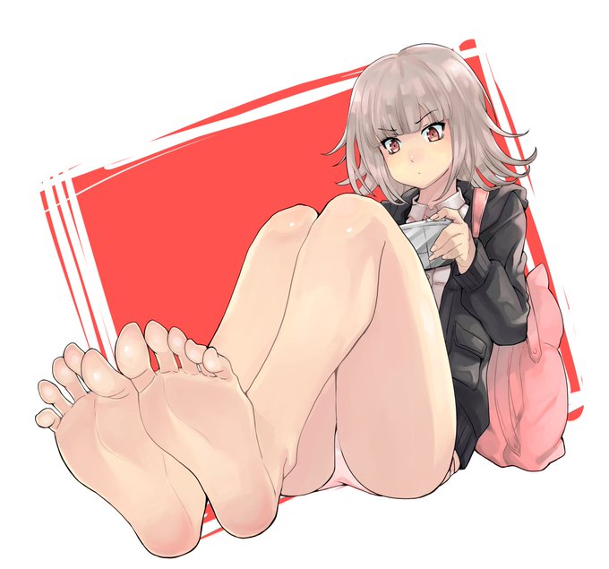 1girls, bare legs, barefoot, blush, clothed female, danganronpa, danganronpa 2: goodbye despair, distracted, eiji (eiji), feet, female, female only, foot focus, foreshortening, legs, nanami chiaki, panties, pink eyes, pink hair, pov feet, presenting feet, soles, solo, straight hair, super danganronpa 2, toes