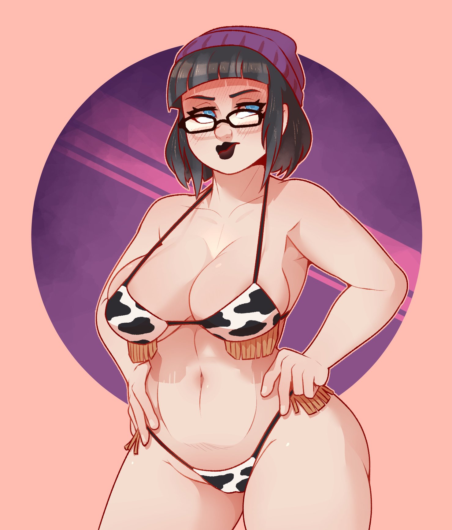 1girls, beanie, big breasts, bikini, black lipstick, blue eyes, breasts, cleavage, cow print, dabble, female, female only, glasses, hand on hip, large breasts, lyra kikuchi (original character), solo