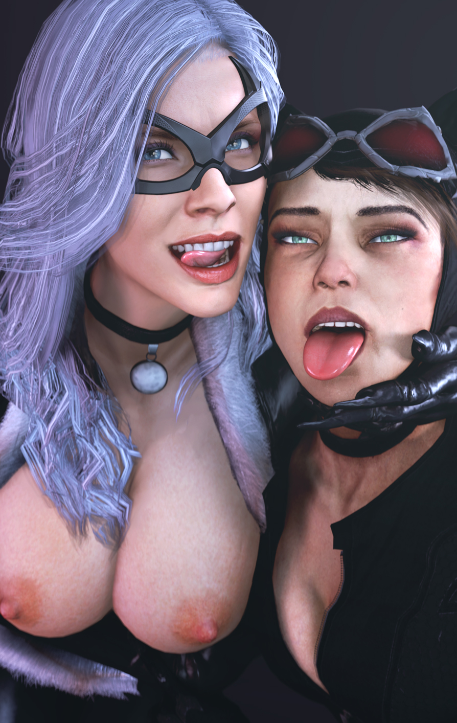 2girls, 3d, areolae, batesz, batman (series), batman: arkham knight, big breasts, black cat (insomniac), black cat (marvel), blue eyes, bodysuit, breasts, breasts out, busty, catwoman, catwoman (arkham knight), catwoman (arkham), choker, crossover, curvaceous, curvy, dc, dc comics, eyelashes, felicia hardy, female, female only, green eyes, hourglass figure, large breasts, long hair, looking at viewer, marvel, marvel comics, nipples, open mouth, pinup, pose, posing, selina kyle, source filmmaker, spider-man (ps4), spider-man (series), throat, tongue, tongue out, voluptuous, white hair, wide hips