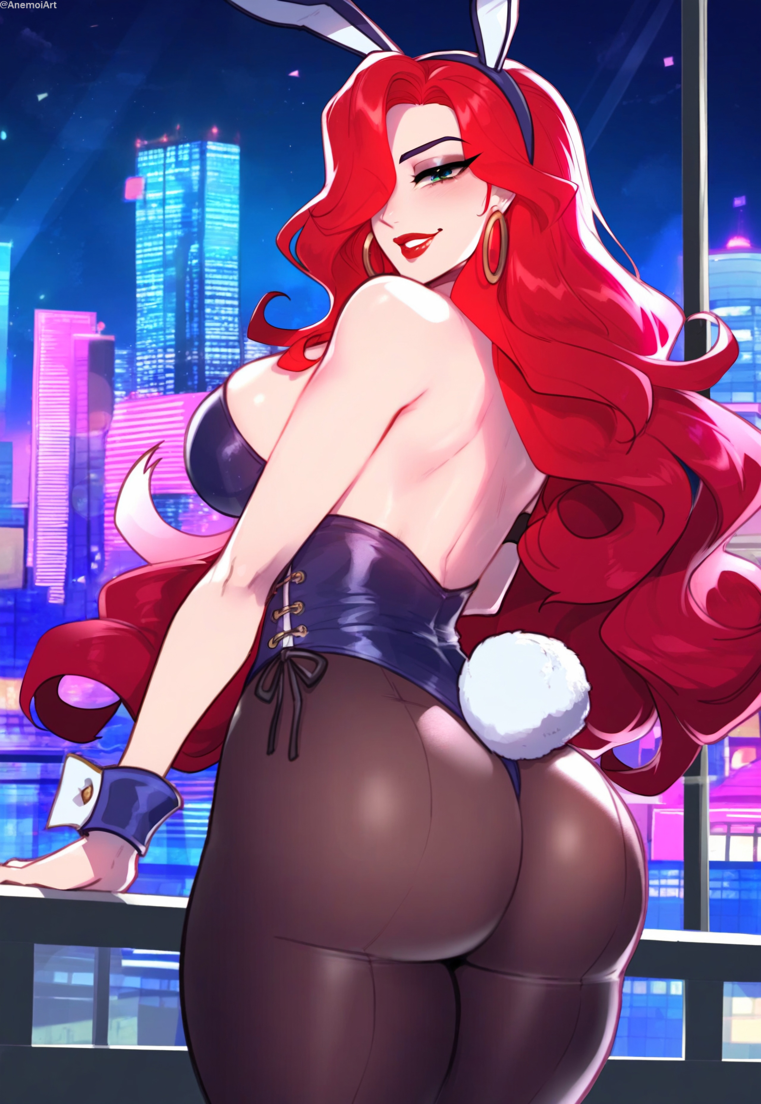 1girls, ai generated, anemoi, ass, ass focus, back view, big ass, big butt, breasts, bunny ears, bunny girl, bunny tail, bunnysuit, ear ring, female, from behind, league of legends, lipstick, long hair, looking at viewer, looking back, miss fortune, pantyhose, playboy bunny, red hair, red lipstick, riot games, sarah fortune, sideboob, smile, smiling, smiling at viewer, solo, solo female