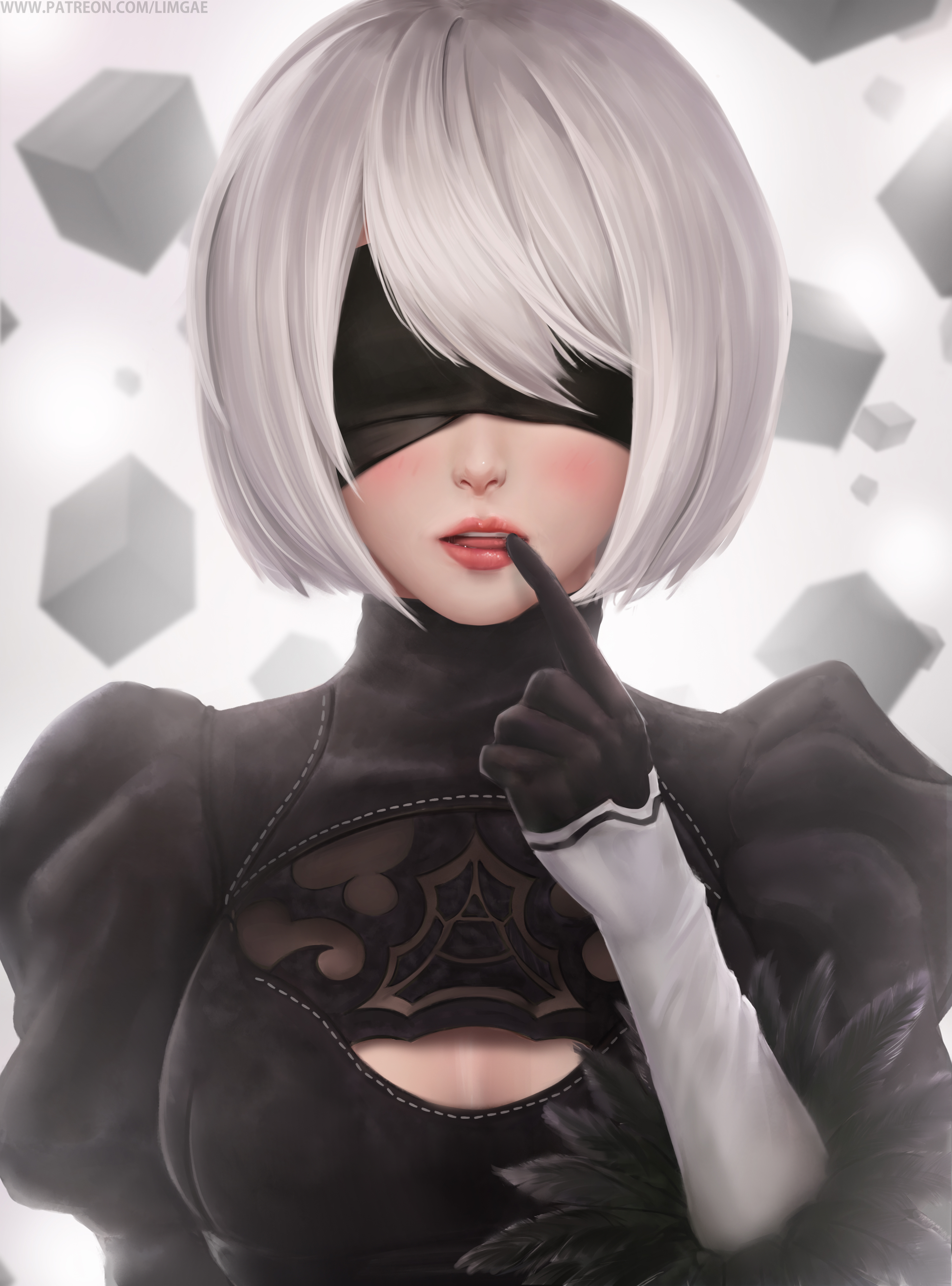 1girls, 2020, absurdres, blindfold, breasts, female, finger to mouth, high resolution, highres, limgae, looking at viewer, mole, mole under mouth, nier (series), nier: automata, open mouth, smile, teeth, tongue, upper teeth, white hair, yorha 2b