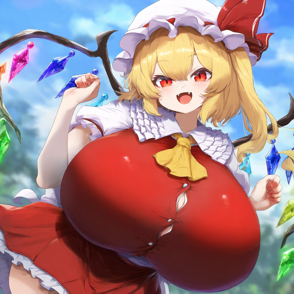 ai_generated ameanon big_breasts blonde_hair breasts button_gap fangs flandre_scarlet huge_breasts large_breasts tight_clothing touhou