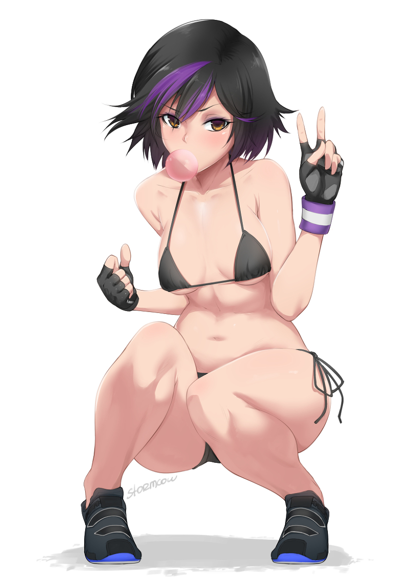 ass, athletic, big breasts, big hero 6, bikini, black hair, bra, breasts, brown eyes, busty, curvaceous, curvy, disney, eyelashes, eyeshadow, female, female focus, female only, fingerless gloves, fit, fit female, full body, gogo tomago, hourglass figure, jpeg, large breasts, marvel, marvel comics, micro bikini, navel, pinup, pose, posing, purple hair, short hair, sneakers, solo, squatting, stormcow, tagme, thick thighs, two-tone hair, voluptuous, wide hips