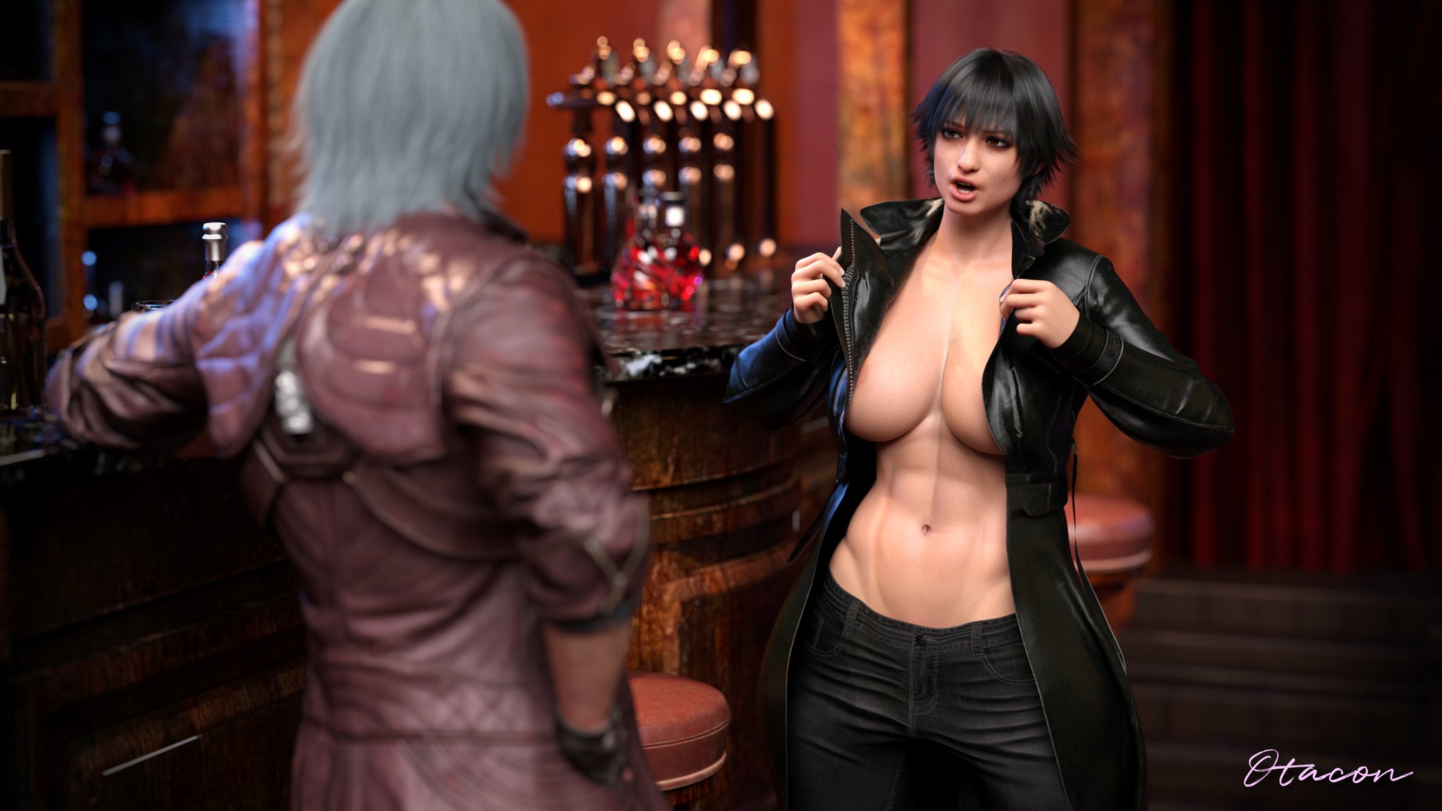 1boy, 1girls, 3d, abs, big ass, big breasts, breasts, bust, busty, campion, capcom, curvaceous, curvy, curvy figure, dante (devil may cry), demon, demon boy, devil may cry, devil may cry (series), devil may cry 5, female, female abs, fit, fit female, half demon, heterochromia, hips, hourglass figure, huge ass, huge breasts, human, humanoid, lady (devil may cry), large ass, large breasts, legs, light skin, light-skinned female, light-skinned male, male, male/female, mature, mature female, mature male, muscular, muscular female, otacon212, slim waist, straight, thick, thick hips, thick legs, thick thighs, thighs, toned, toned female, top heavy, unseen male face, voluptuous, waist, wide hips