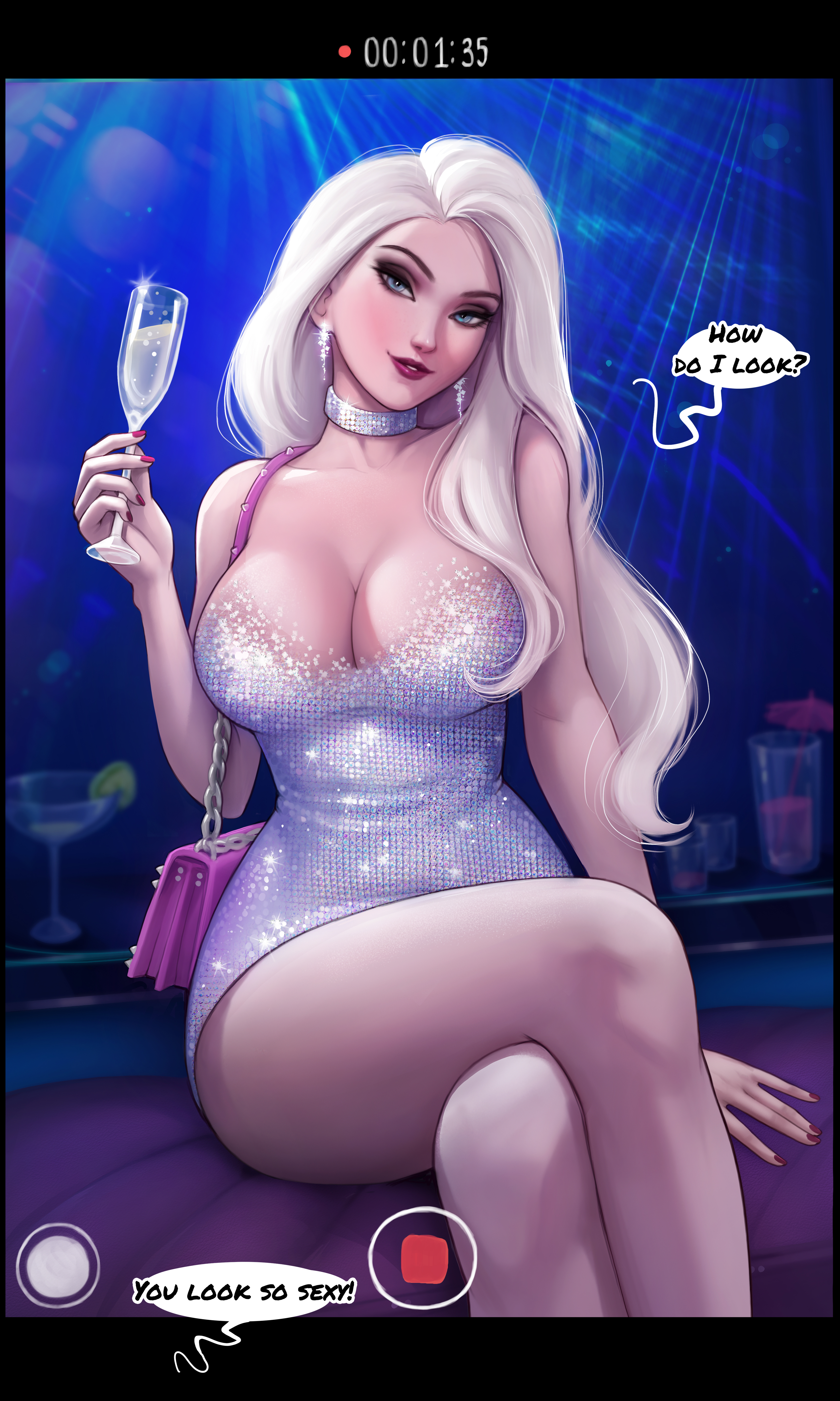 1futa, alcohol, aroma sensei, balls, balls under clothes, blonde hair, blue eyes, breasts, cleavage, curvy, disney, drunk, earrings, elsa (frozen), frozen (film), frozen 2, futa only, futa sans pussy, futanari, high heels, intersex, large breasts, legs crossed, mascara, minidress, penis, penis under clothes, penis under skirt, red lipstick, sequin collar, sequin dress, silver dress, skirt, solo, solo futa, tight dress, wide hips, wine, wine glass