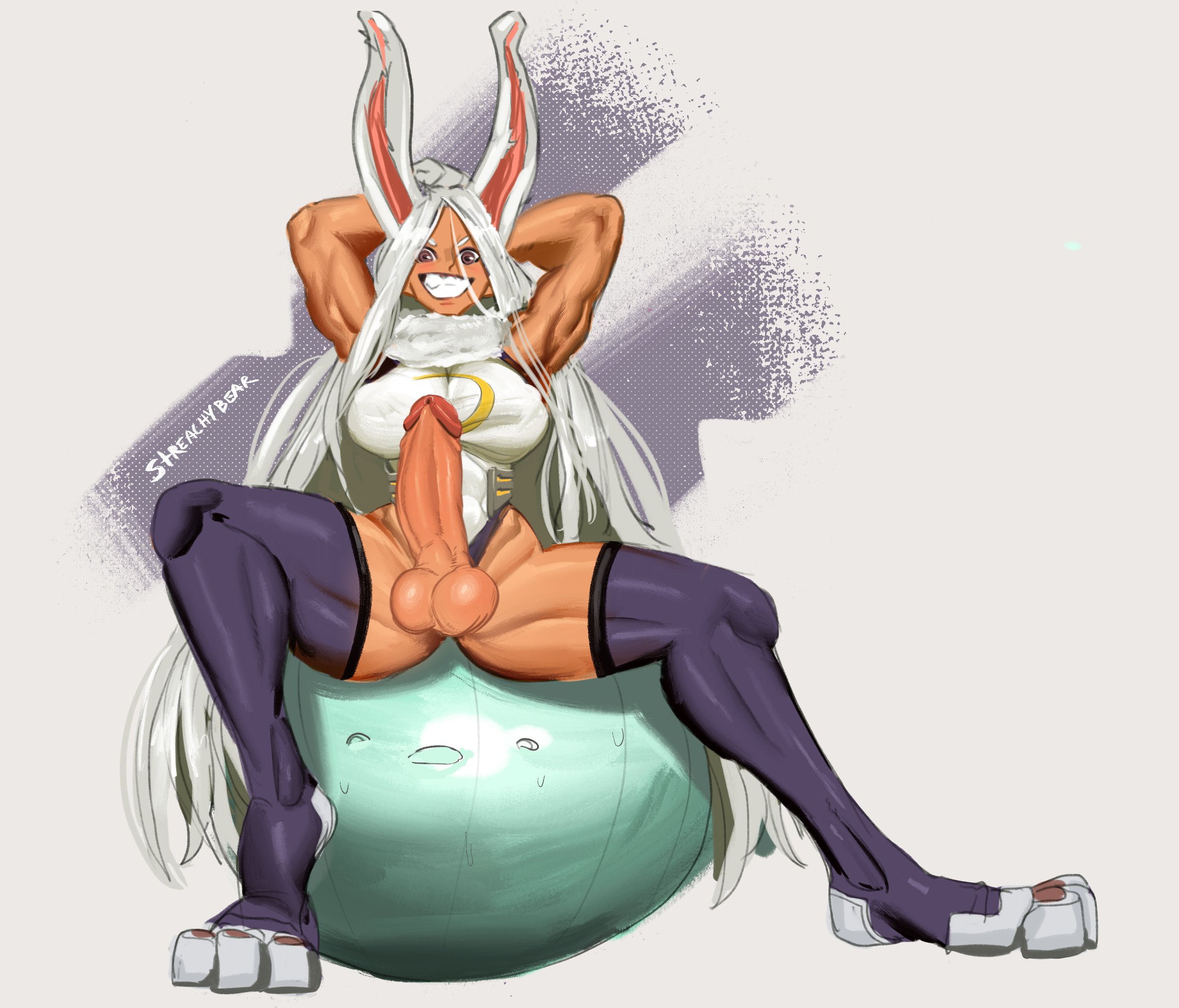1futa, balls, big breasts, breasts, bunny ears, dark skin, dark-skinned futa, dickgirl, erection, futanari, hero outfit (mha), human, intersex, kemonomimi, large breasts, leotard, looking at viewer, miruko, muscular, muscular futa, my hero academia, penis, rabbit ears, rabbit humanoid, rumi usagiyama, smile, solo futa, spread legs, streachybear, superhero costume, superheroine, testicles, thighhighs