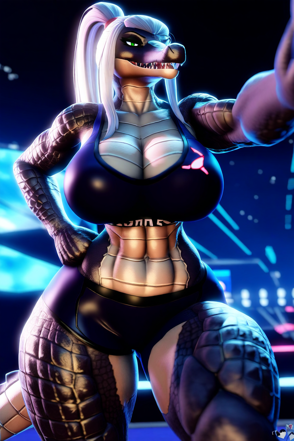 ai_generated alligator athletic_female athletic_wear cleavage crocodilian female_only furry furry_female furry_only green_eyes large_breasts majorfluffy mature_female metroid novelai samus_aran samus_aran_(cosplay) scalie white_hair