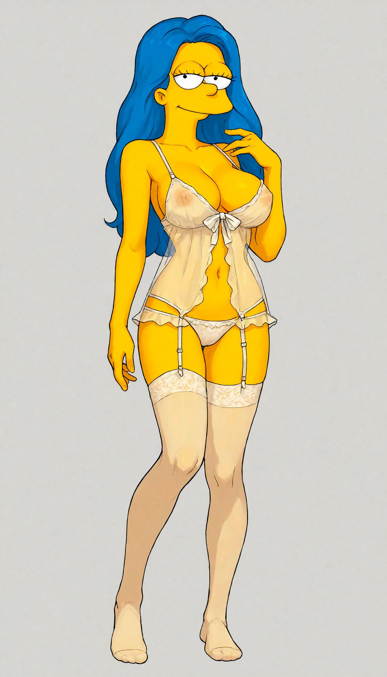 1girls 20th_century_fox 20th_century_studios bedroom_eyes blue_hair breasts clothing female female_only hourglass_figure human legwear long_hair looking_at_viewer marge_simpson milf nipples nipples_visible_through_clothing panties solo solo_female the_simpsons voluptuous voluptuous_female yellow_skin