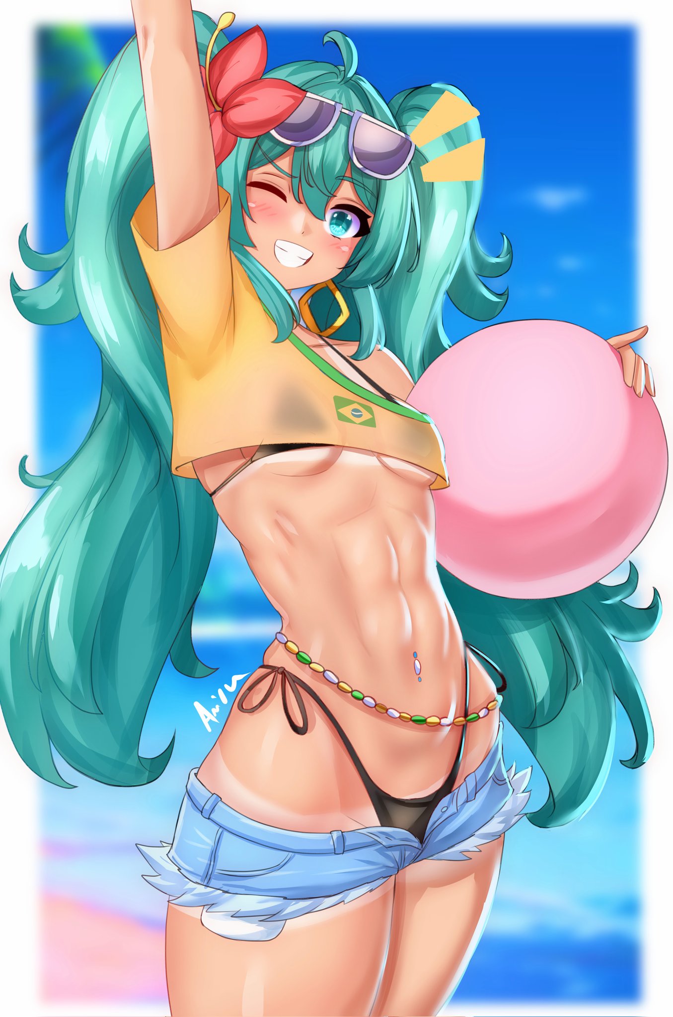 1girl, 1girls, abs, ahoge, anisdrawn, aqua eyes, aqua hair, arm up, ass, ball, ball (object), beach, beachball, big ass, big thighs, bikini, bikini under clothes, black bikini, blush, brazil, brazilian, brazilian female, brazilian miku, breasts, cowboy shot, crop top, cutoffs, cyan eyes, cyan hair, day, denim, denim shorts, earrings, eyewear on head, female, female only, flower, grin, hair flower, hair ornament, hatsune miku, hi res, hibiscus, highleg, highleg bikini, holding, holding ball, hoop earrings, jewelry, latin american hatsune miku (meme), long hair, looking at viewer, midriff, naughty face, navel, navel piercing, one eye closed, outdoors, piercing, shirt, short shorts, short sleeves, shorts, side-tie bikini bottom, slim body, small breasts, smile, solo, stomach, string bikini, sunglasses, swimsuit, tagme, tan, tan body, tanlines, thick hips, thick thighs, thighs, thong, twintails, underboob, very long hair, vocaloid, yellow shirt