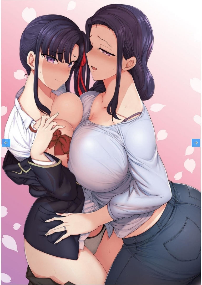 2girls aiue_oka big_ass breast_press dark_blue_hair huge_breasts long_hair looking_at_viewer mature_female milf miyajima_sakura miyajima_tsubaki mother_and_daughter naughty_face saimin_seishidou school_uniform simple_background