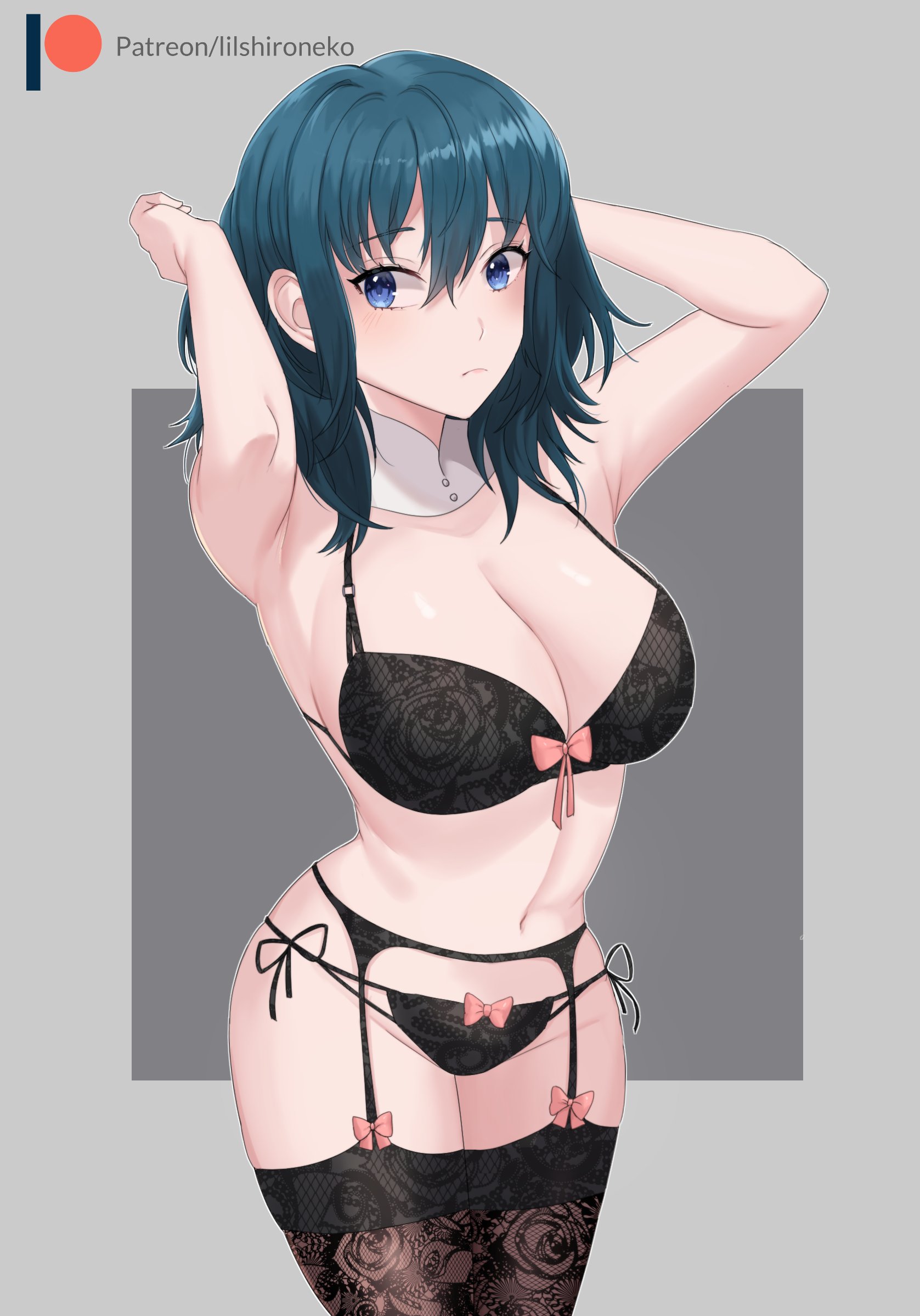 1girls, big breasts, black bra, black panties, blue eyes, bra, breasts, byleth (fire emblem), byleth (fire emblem) (female), cleavage, closed mouth, female, fire emblem, fire emblem: three houses, garter belt, hair between eyes, high res, intelligent systems, lace, leggings, legwear, lilshironeko, lingerie, medium hair, navel, nintendo, panties, simple background, stockings, teal hair, underwear