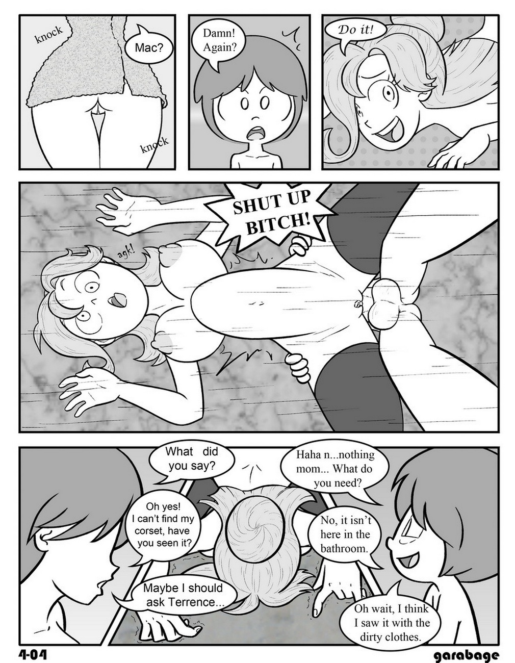 1boy, 1girls, age difference, ahe gao, balls, balls deep, belly bulge, big breasts, breasts, cartoon network, comic, duo, english text, female, foster's home for imaginary friends, frankie foster, garabatoz, large insertion, mac (fhfif), male, monochrome, nude, penetration, penis, pussy, sex, size difference, stomach bulge, text, vaginal penetration