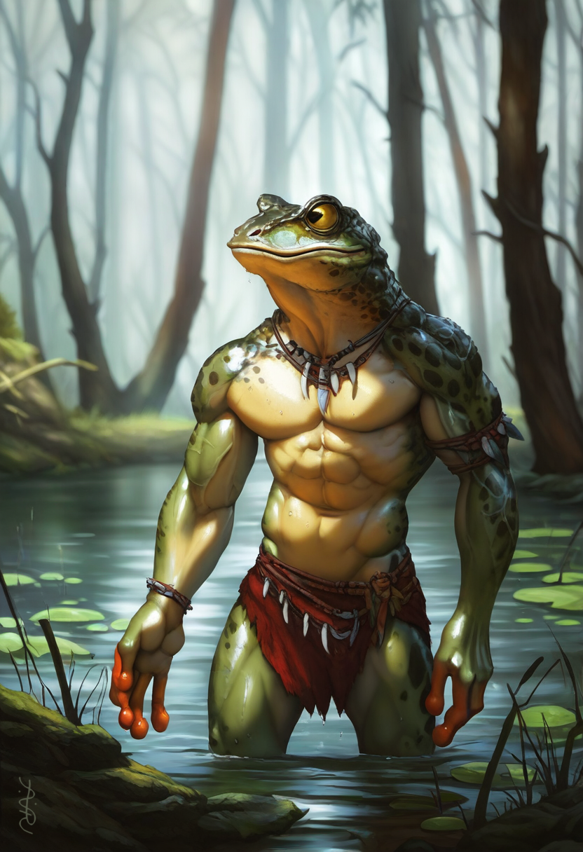 1boy 2024 abs ai_generated anthro avaru biceps clothing frog frog_humanoid humanoid landscape lily_pad loincloth looking_away male male_focus male_only muscular muscular_male nature nature_background necklace primal_wilds reptile reptile_boy reptile_humanoid reptilian scales scalie solo swamp tribal tribal_clothing tribal_jewelry water water_lily