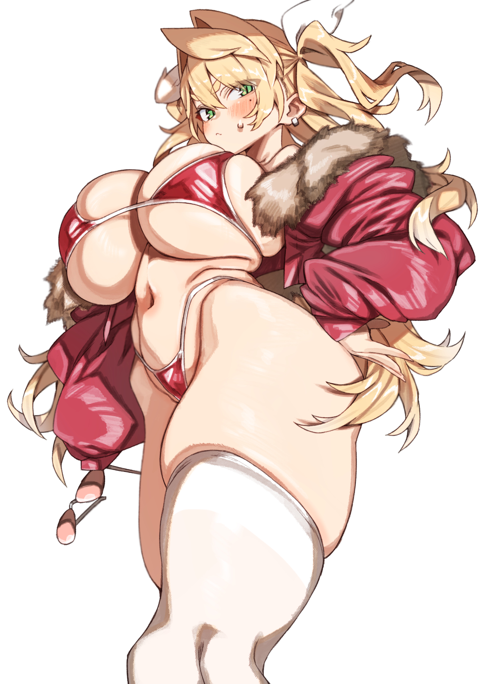 bikini blonde_hair blush breasts childhood_friend_(kz_oji) female fur_collar green_eyes hair_intakes highres huge_breasts jacket kz_oji long_hair long_sleeves looking_at_viewer micro_bikini navel open_clothes open_jacket original red_bikini red_jacket simple_background solo standing sweatdrop swimsuit thick_thighs thighhighs thighs underboob very_long_hair white_background white_thighhighs