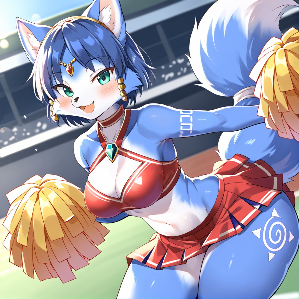 ai_generated anthro blue_hair bra breasts cheerleader cheerleader_uniform dress female fox furry gyonge huge_breasts krystal krystal_(star_fox) large_breasts skirt solo star_fox wide_hips