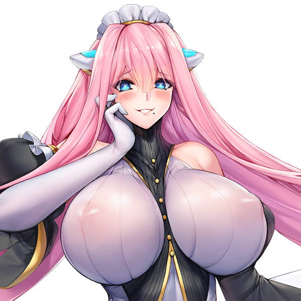 bangs bare_shoulders blue_eyes blush breasts_apart breasts_bigger_than_head detached_sleeves elbow_gloves eyebrows_visible_through_hair female female_focus female_only game_cg hair_between_eyes hand_on_own_face headdress high_collar huge_breasts last_origin long_hair looking_at_viewer maid_headdress mole mole_under_mouth nipple_bulge nipples_visible_through_clothing pink_hair puffy_detached_sleeves serapias_alice sleeveless sleeveless_dress smile smiling smiling_at_viewer snowball22 teeth teeth_showing tight_clothing transparent_background upper_body white_elbow_gloves