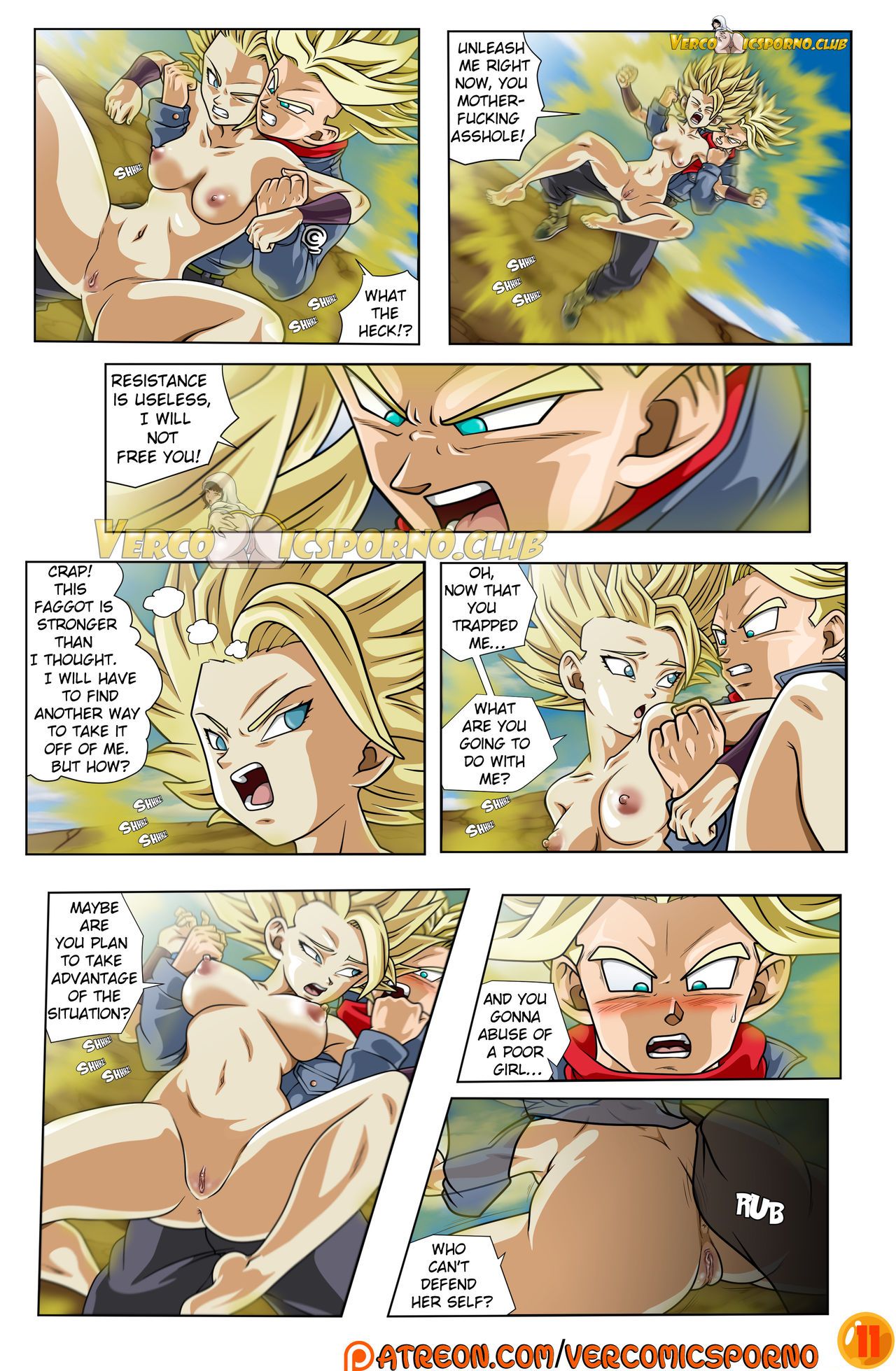 1boy 1girls athletic_female aura barefoot blonde_hair breasts calf_muscles caulifla comic comic_page dragon_ball dragon_ball_super english_text feet female green_eyes light-skinned_female light_skin long_hair medium_breasts naked nude page_11 page_number saiyan spiky_hair super_saiyan super_saiyan_2 super_saiyan_rage trunks_briefs vercomicsporno