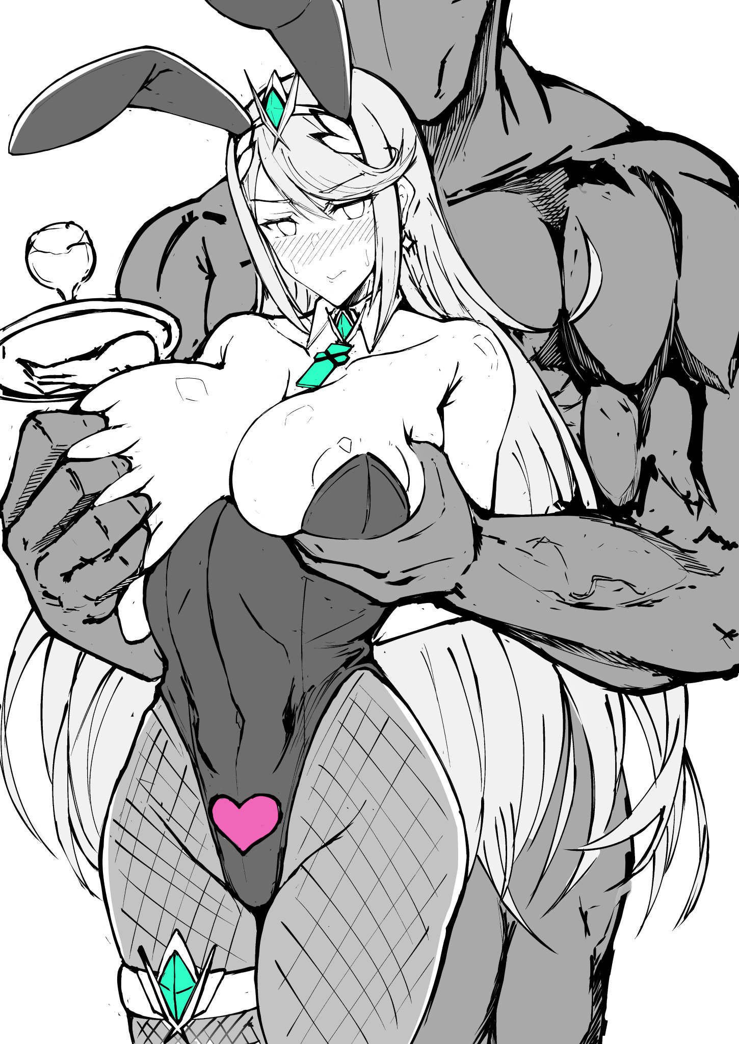 1boy, 1girls, annoyed, black and white, blush, breast grab, breasts, bunny ears, bunny girl, bunnysuit, dark skin, dark-skinned male, female, fishnets, gatyo 5, hair ornament, heart, hikari (xenoblade 2), hips, huge breasts, larger male, leotard, long hair, male, muscular, muscular male, mythra, navel, nintendo, nipple slip, nipples, pantyhose, sexual harassment, tiara, waitress, wide hips, xenoblade (series), xenoblade chronicles 2