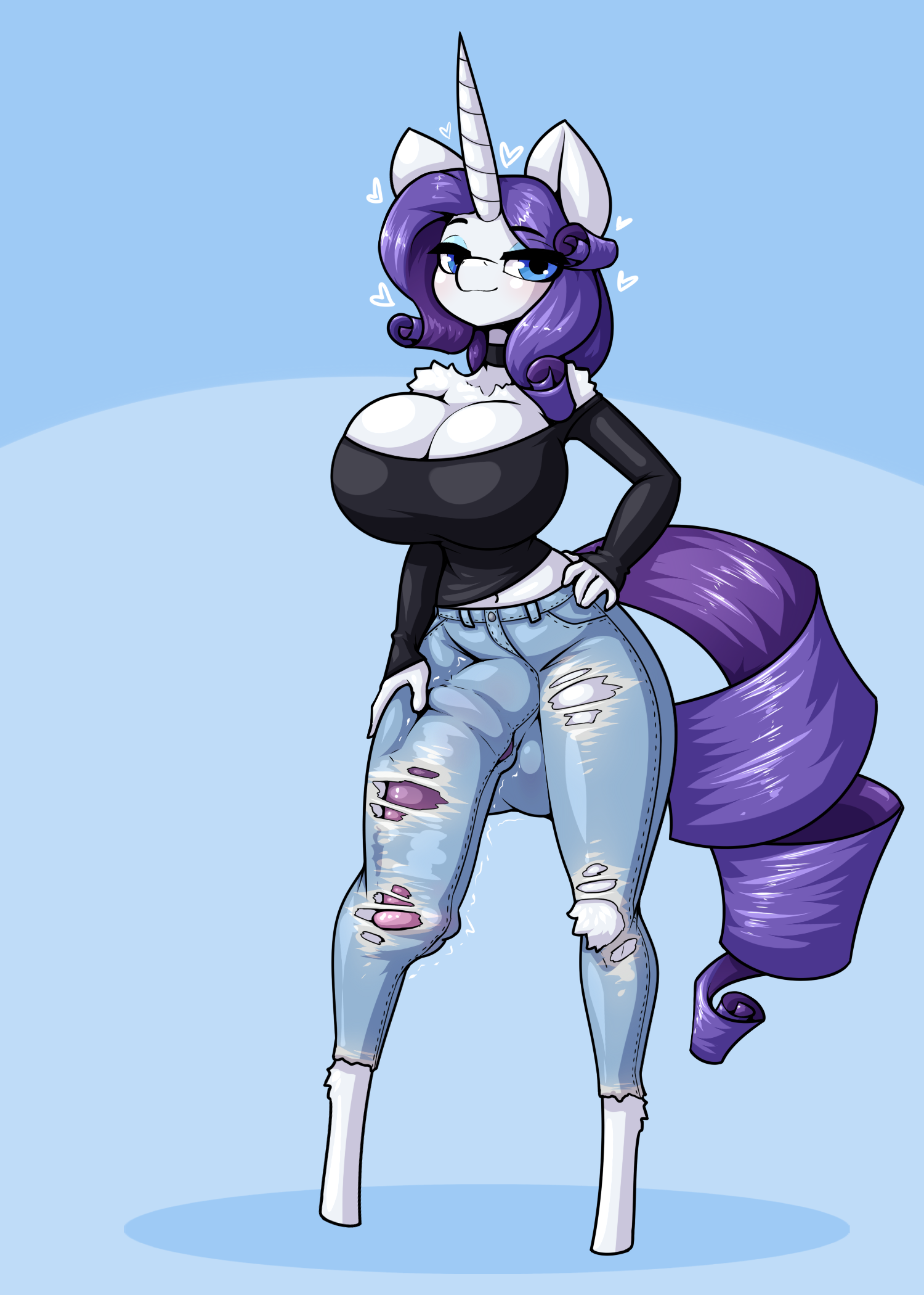 1futa, animal genitalia, anthro, balls, breasts, bulge, bulge down leg, cleavage, dickgirl, erection, erection under clothes, fat cock, friendship is magic, furry, futa only, futanari, horsecock, huge breasts, huge cock, hyper penis, intersex, limebreaker, long penis, looking at viewer, my little pony, penis, penis outline, penis under clothes, rarity (mlp), solo, solo futa, straight hair, testicles