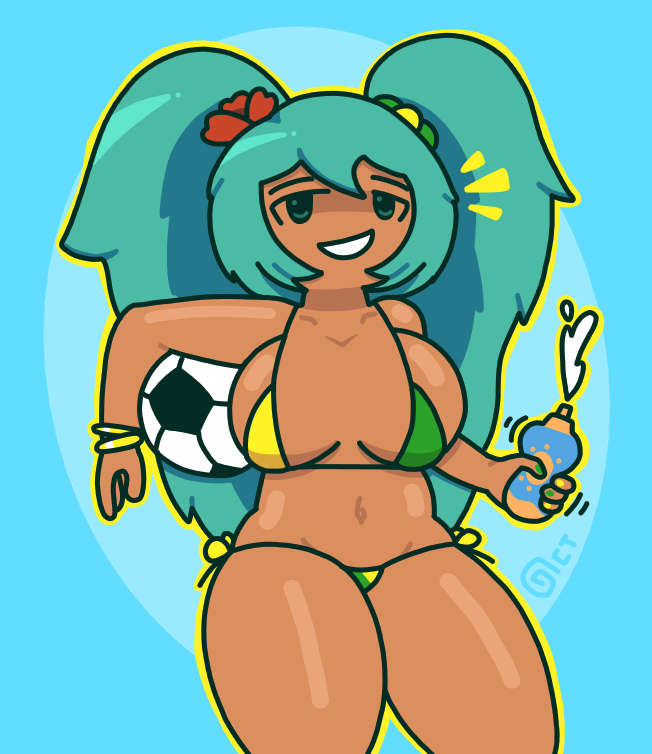 1girls ball bikini blue_eyes blue_hair bracelet bracelets brazil brazilian brazilian_female brazilian_miku breasts_apart cropped_legs female female_only flower flower_in_hair football front_view green_bikini hatsune_miku holding_object love_handles micro_bikini navel no_nose octotron2000 outline scrunchie shiny_skin side-tie_bikini smile smug solo solo_female stylized sunscreen tan tanned teal_hair thick_thighs thong toony twintails vocaloid wide_hips yellow_outline