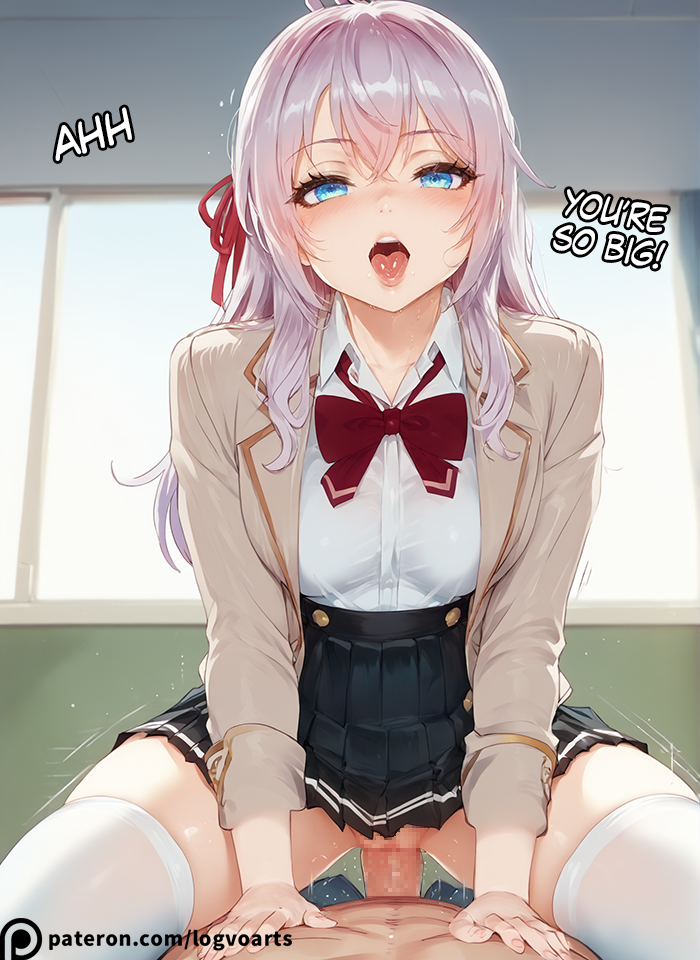 1boy 1girls ahoge ai_generated alisa_mikhailovna_kujou blue_eyes blush classroom female highres huge_ass kuze_masachika logvoarts long_hair looking_back open_mouth pleated_skirt pussy school_uniform sex silver_hair skirt solo_focus stable_diffusion straddling straight thighhighs tokidoki_bosotto_russian_de_dereru_tonari_no_alya-san vaginal_penetration white_legwear