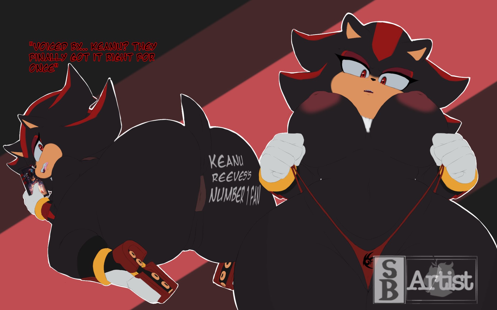 anus, ass, big ass, big breasts, breasts, dialogue, female, female only, genderswap, genderswap (mtf), looking back, phone, presenting, pussy, rule 63, sblueartist, shadow the hedgehog, shoes, simple background, snowyblue, sonic (series), thong, underwear, writing on body