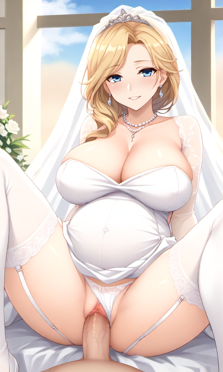 1boy 1girls ai_generated azur_lane big_breasts blonde_hair blue_eyes breasts hood_(azur_lane) huge_breasts large_breasts looking_pleasured open_mouth pregnant pregnant_belly pregnant_female pregnant_sex sex stockings vaginal_penetration vaginal_sex wedding_dress wedding_lingerie wedding_veil