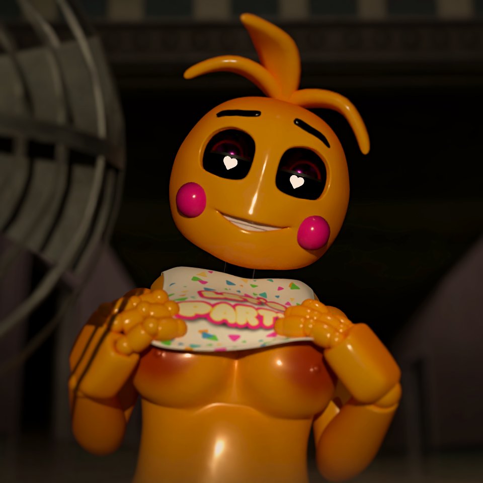 1girls, 3d, animatronic, anthro, breasts, breasts out, female, five nights at freddy's, five nights at freddy's 2, heart-shaped pupils, kogrib, medium breasts, nipples, orange nipples, smile, smiling, smiling at viewer, solo, solo female, toy chica (fnaf), yellow body, yellow skin