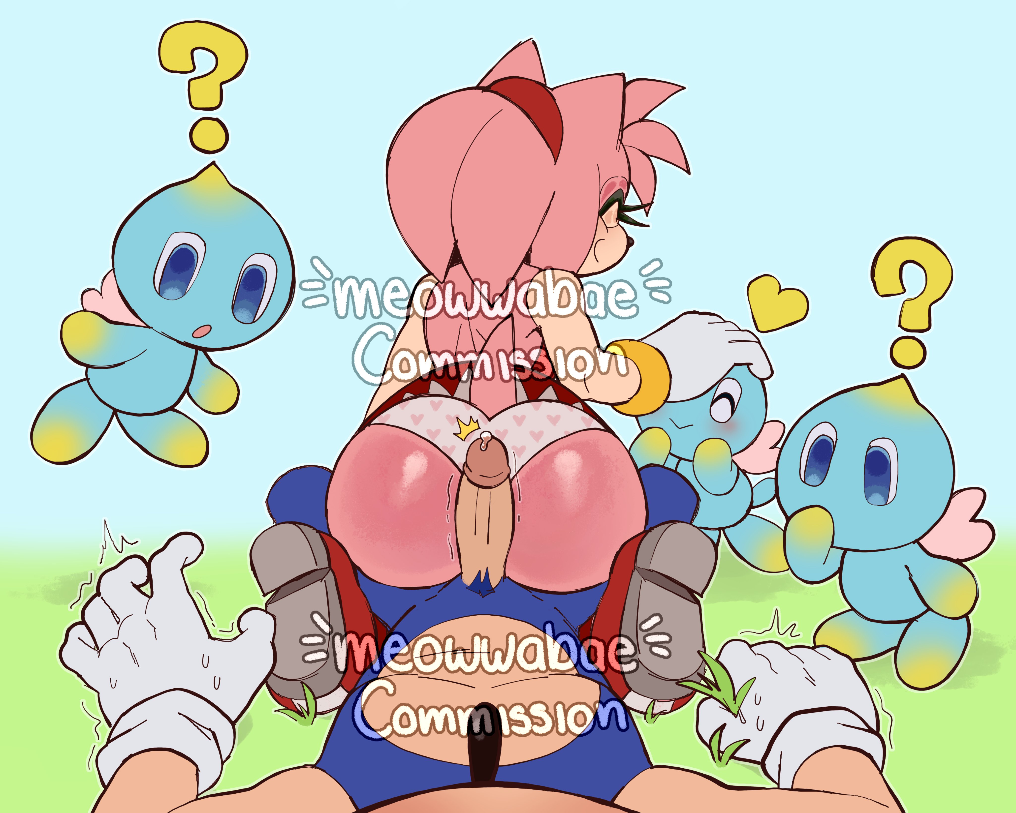 amy rose, ass, assjob, boots, bubble ass, bubble butt, buttjob, chao (sonic), erection, female, furry, male, male pov, meowwabae, panties, penis, pov, sega, sitting on lap, sonic (series), sonic the hedgehog, underwear, watermark