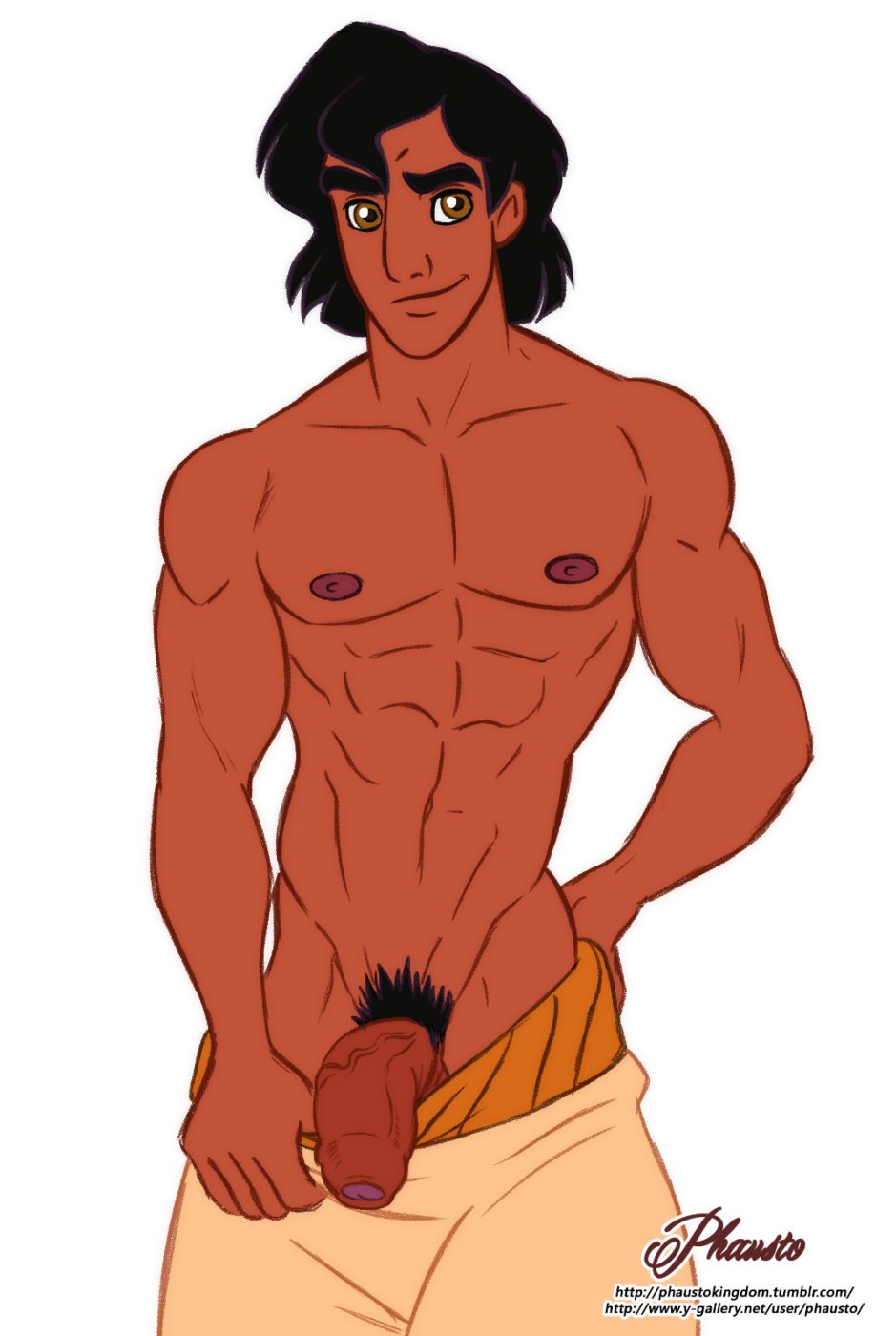 1boy, abs, aladdin, aladdin (character), balls, bara, biceps, big balls, big penis, dark male only, dark skin, dark-skinned male, disney, disney prince, flaccid, foreskin, gay, male, male focus, male only, muscles, muscular, muscular male, nipples, no underwear, pants down, pecs, penis, penis out, penis out of underwear, phausto, presenting, presenting balls, presenting penis, pulling down pants, uncensored, uncircumcised, uncut, unretracted foreskin, veiny penis, yaoi
