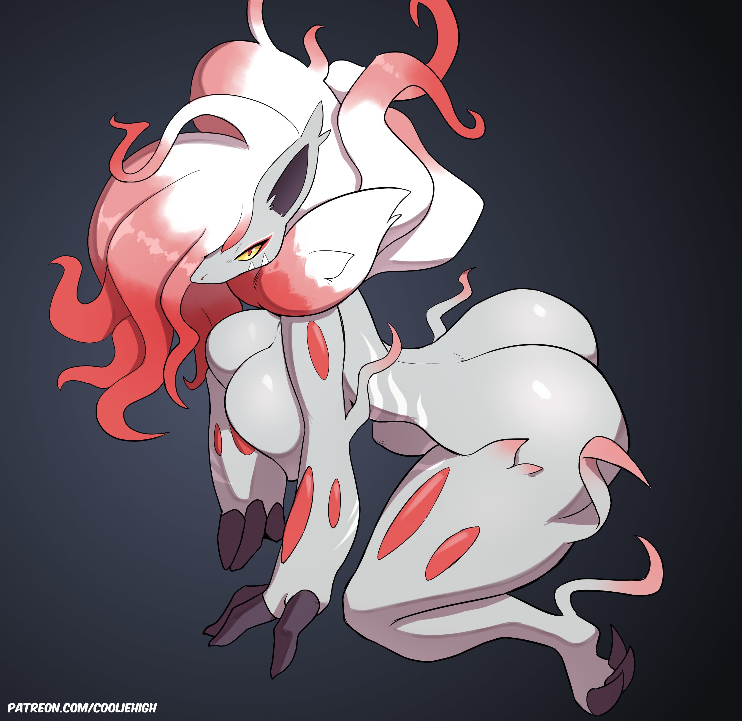 anthro, anthro only, anthrofied, artist name, ass, ass crack, big ass, big breasts, breasts, bubble ass, bubble butt, butt crack, cooliehigh, covering, covering breasts, female, fur, furry, furry only, hisuian zoroark, hourglass figure, looking at viewer, nintendo, pokémon (species), pokemon, pokemon (species), pokemon legends: arceus, sitting on lap, solo, tagme, thick thighs, url, wide hips, zoroark