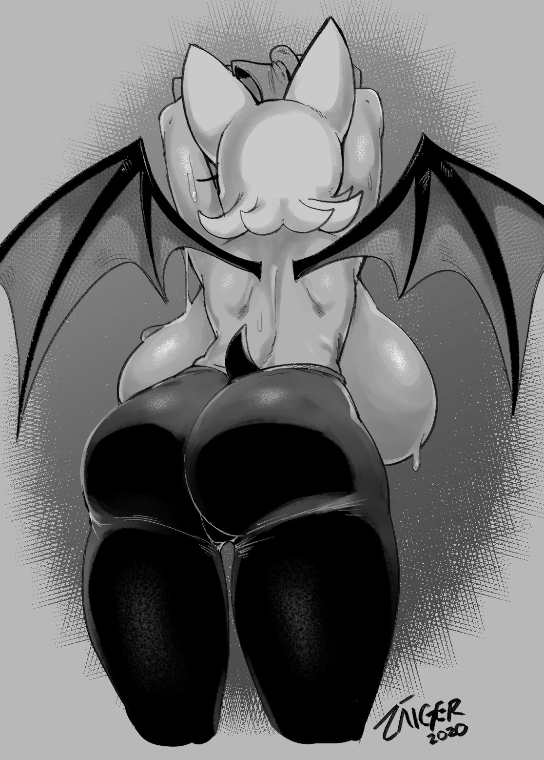1girls, anthro, armpits, backboob, bat, big breasts, breasts, female, female only, furry, huge breasts, large breasts, partially clothed, pinup, rouge the bat, skintight, solo, solo female, sonic (series), sweat, taigerarts, tight clothing, topless