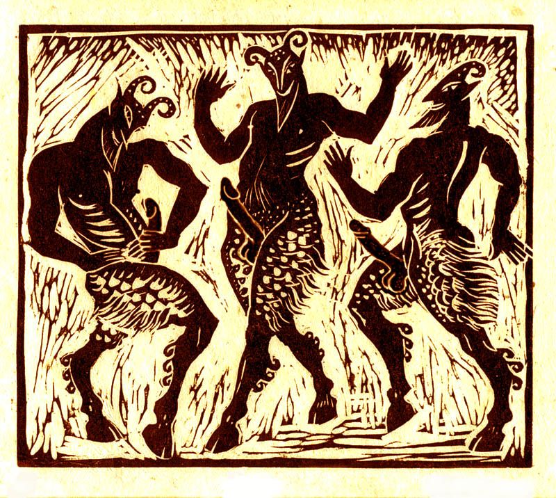 3boys balls boner curved_penis dancing erect_nipples erection group hairy_legs holding_penis horn horns_and_hooves linocut male male_only monochrome multiple_males multiple_penises penis penis_size_difference presenting satyr traditional_art traditional_media traditional_media_(artwork) woodcut