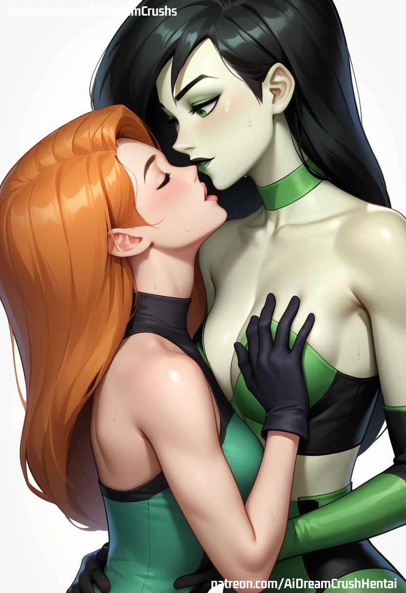 2girls ai_generated aidreamcrush artist_name black_hair blush closed_eyes collar elbow_gloves gloves grabbing_another's_breast green_eyes green_skin kim_possible kimberly_ann_possible long_hair orange_hair shego