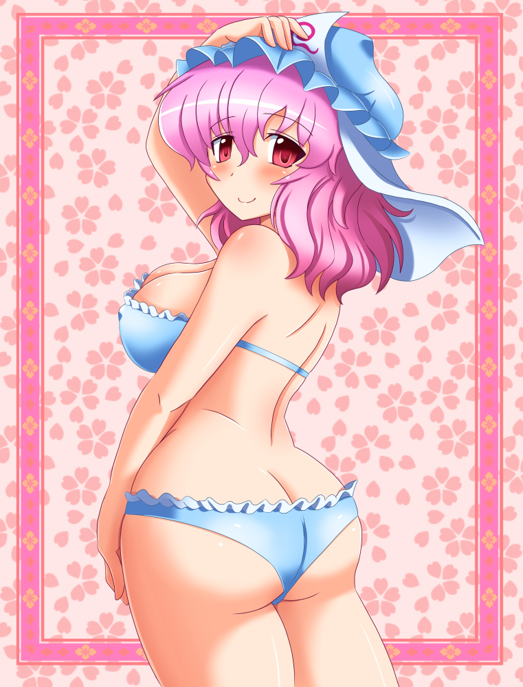 ass ass_crack bikini blue_bikini blue_hat breasts female female_focus hat large_eyes pink_hair red_eyes shin'en_(gyokuro_company) touhou yuyuko_saigyouji