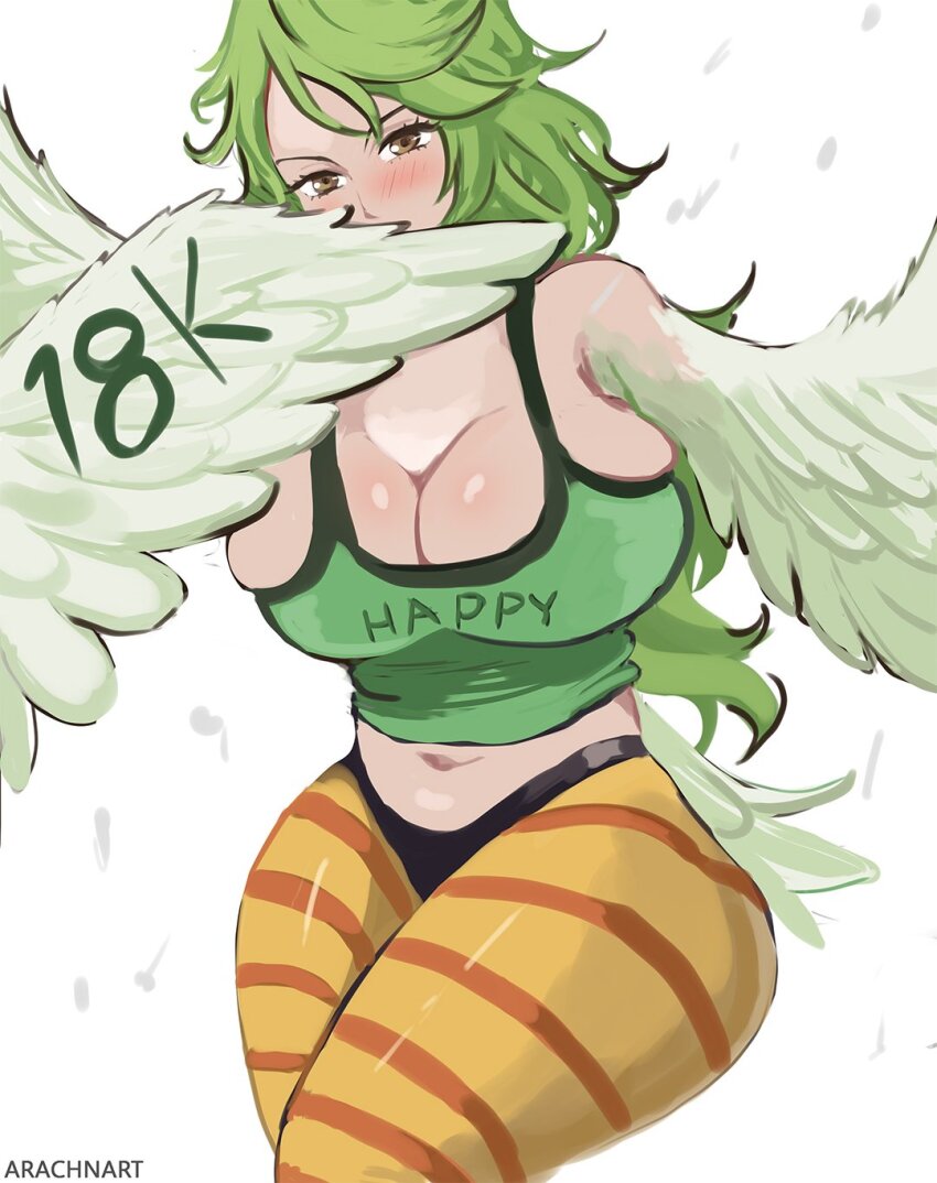 arachnart big_breasts bird_girl blush brown_eyes female female_only green_hair harpy monet_(one_piece) one_piece standing watermark wings