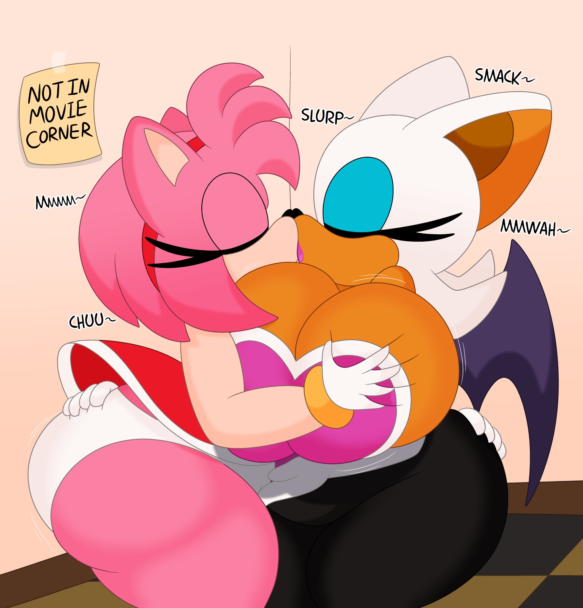 2020s, 2024, 2girls, 3barts, amy rose, anthro, anthro female, anthro only, ass, breasts, female, female only, french kissing, furry, furry female, furry only, kissing, lesbian, mobian (species), panties, pink fur, red dress, rouge the bat, sonic (series), sonic the hedgehog (series), tagme, white pants, yuri