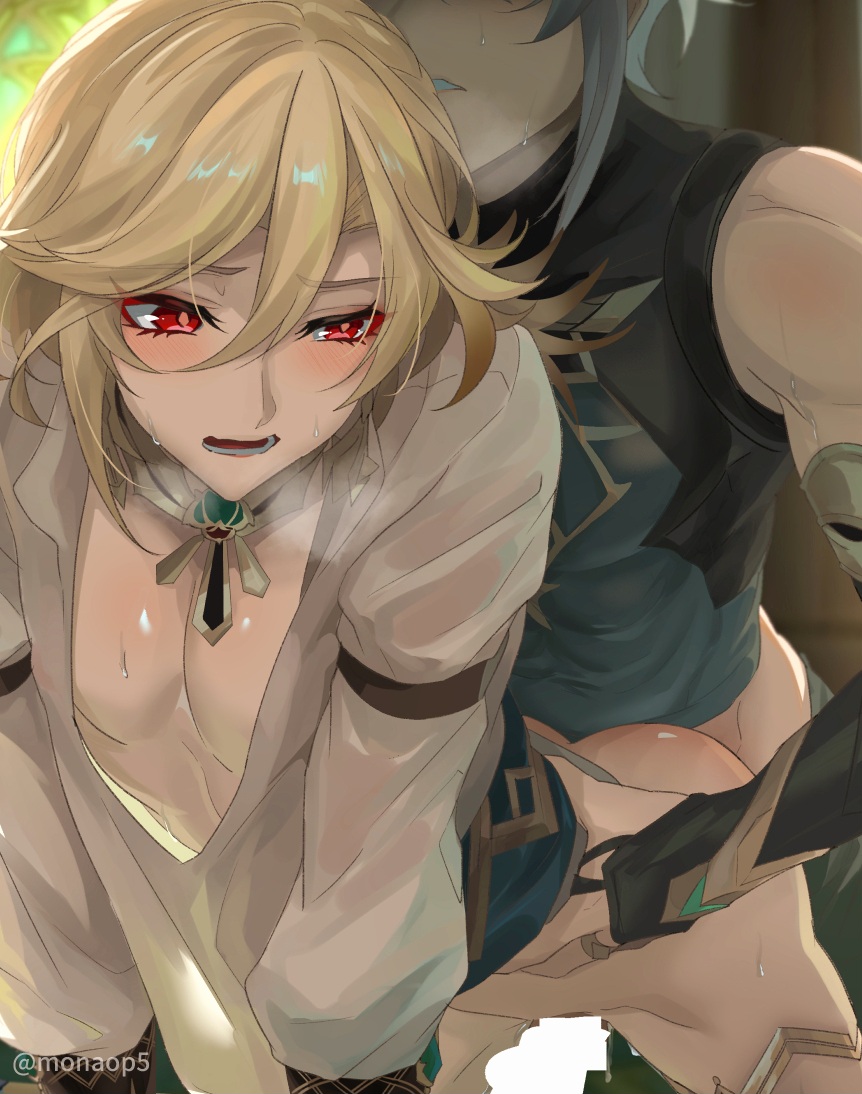 2boys, alhaitham (genshin impact), anal, anal sex, arched back, ass, ass up, blonde hair, blush, boob window, bottomless, bottomless male, breasts, censored, censored penis, femboy, from behind, from behind position, gay, gay sex, genshin impact, grey hair, heavy breathing, kaveh (genshin impact), male, male only, male penetrated, male penetrating, male/male, monaop5, muscular, muscular male, penis, red eyes, small waist, smaller male, standing, standing doggy style, standing sex, sweat, sweatdrop, sweating, thin waist, twink, waist grab, yaoi