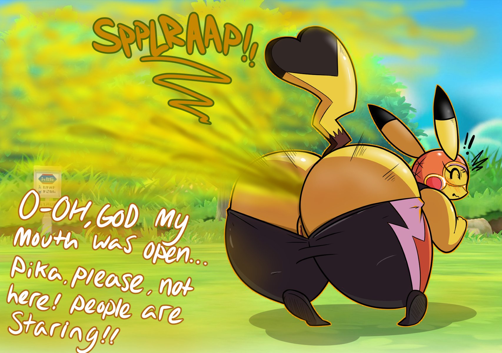 1girls, anthro, anthrofied, ass, bending over, bent over, big ass, big butt, bubble ass, bubble butt, chubby, chubby female, cosplay pikachu, fart, fart fetish, farting, fat ass, female, full of gas, furry, furry female, gobrush, happy, huge ass, looking at viewer, nintendo, offscreen character, overweight, overweight female, pants, pants down, pikachu, pikachu libre, pokémon (species), pokemon, pokemon (species), pokemon oras, pokemon rgby, text, thick thighs, wide hips