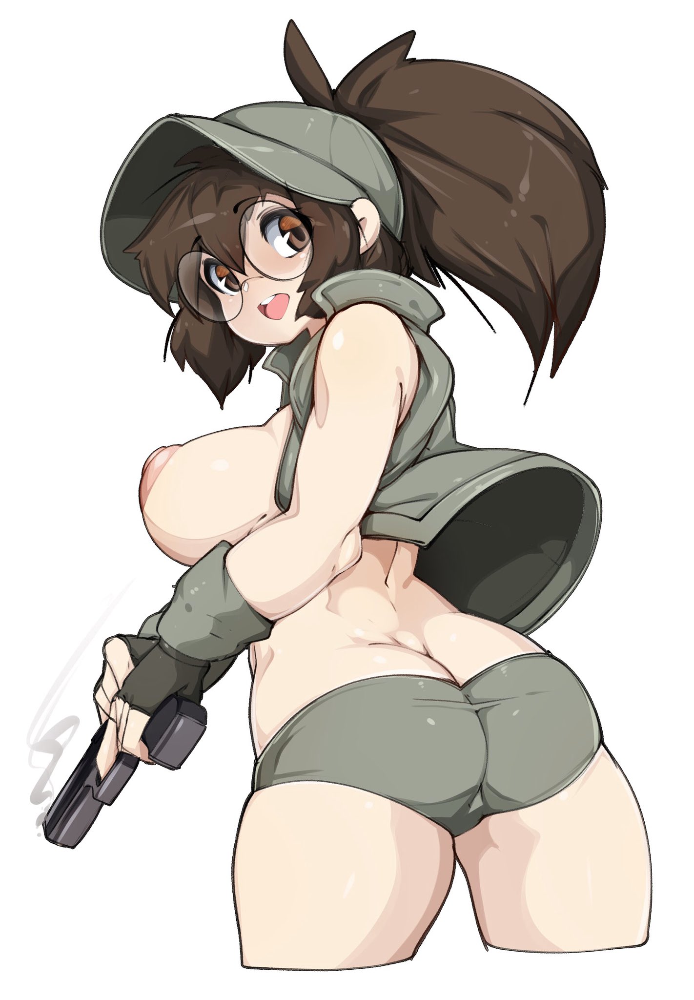 1girls, areolae, ass, big ass, big breasts, black gloves, breasts, brown eyes, brown hair, female, female only, fingerless gloves, fio germi, glasses, gloves, gun, hat, human, human only, inverted nipples, light skin, light-skinned female, metal slug, military uniform, nipples, no bra, open mouth, pale skin, pale-skinned female, partially clothed, ponytail, shorts, slugbox, solo, thick thighs, thighs, tight clothing, tight shorts, white background, wide hips