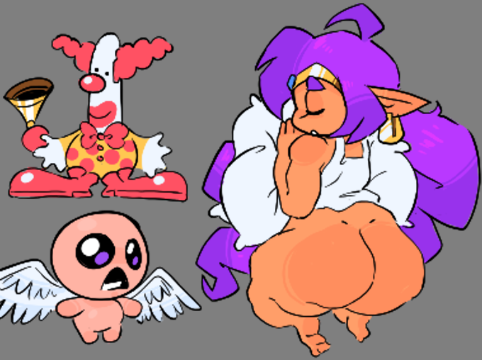 big_ass clown female genie isaac_(the_binding_of_isaac) male shantae shantae_(character) sleeping sleepyslut the_binding_of_isaac