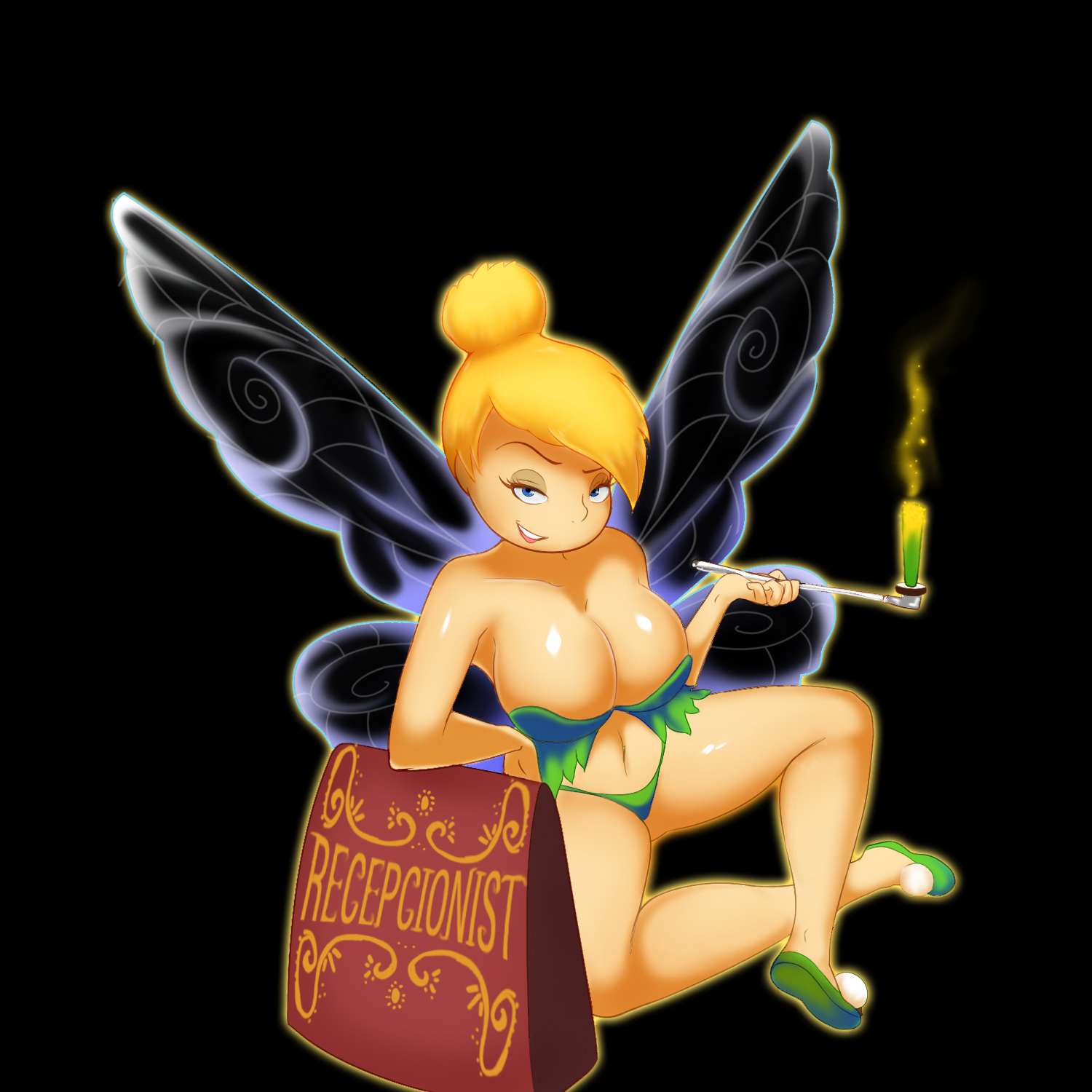 aloe (ishuzoku reviewers) (cosplay), disney, disney fairies, edit, fairy, fairy wings, female, green panties, ishuzoku reviewers, looking at viewer, oddrich, panties, peter pan (disney), scrabble007, solo, tinker bell