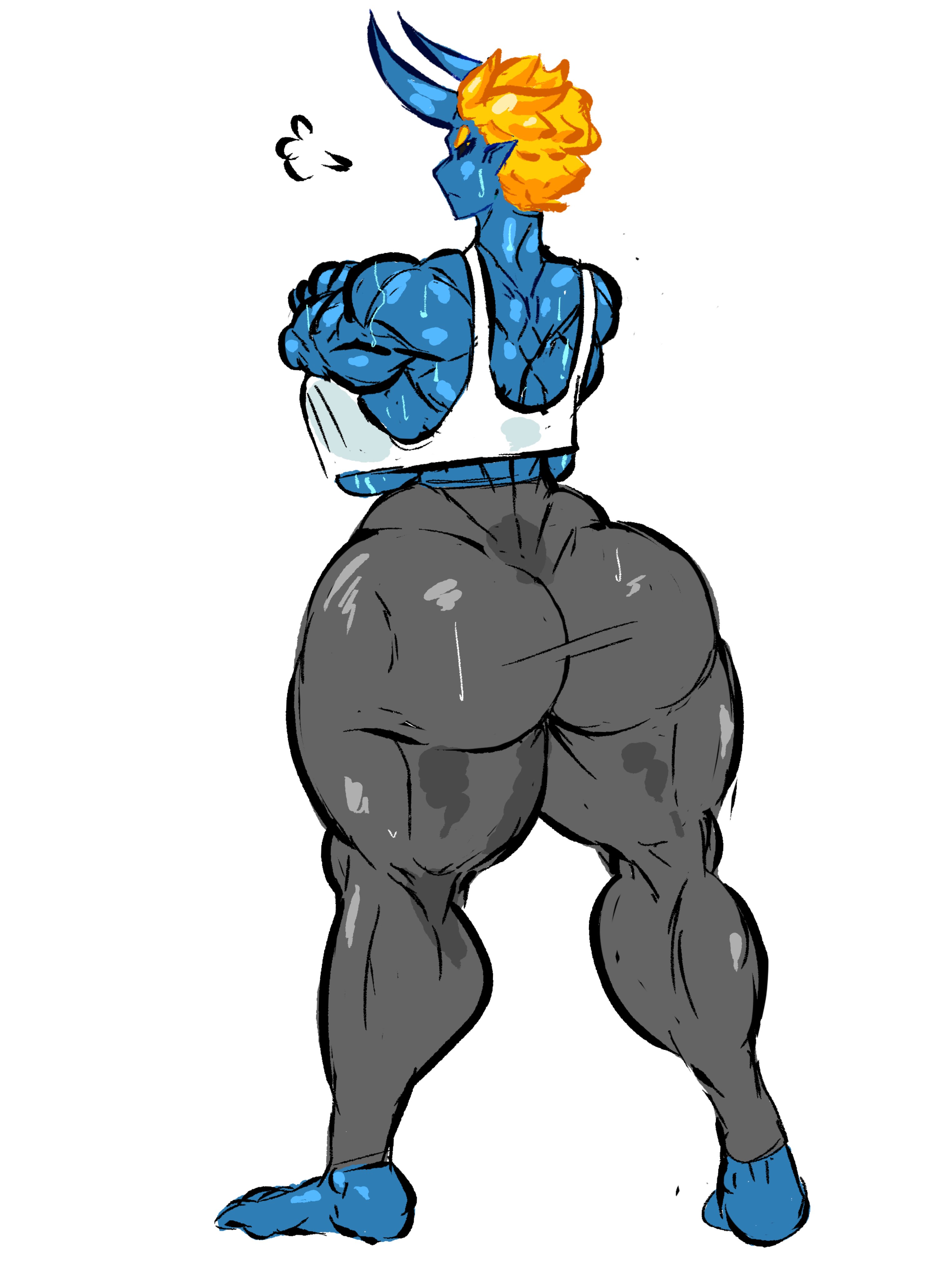 1girls, angry, annoyed, arms crossed, ass, back, backboob, barefoot, biceps, big ass, big breasts, big butt, black sclera, blonde, blonde hair, blue skin, breasts, busty, clothing, crop top, crossed arms, curvy, demon, demon girl, demon horns, feet, female, fully clothed, highres, horns, huge ass, huge breasts, huge butt, large ass, large breasts, looking away, looking back, looking up, muscles, muscular, muscular arms, muscular ass, muscular back, muscular butt, muscular female, muscular legs, oni, oni horns, original, original character, pointy ears, repomorame, sexually suggestive, shiny clothes, shiny hair, shiny skin, short hair, sigh, sweat, sweatdrop, sweating, sweaty, sweaty breasts, thick thighs, tight clothes, tight clothing, tight pants, voluptuous, white background, white top, wide hips, yellow eyes, yoga pants
