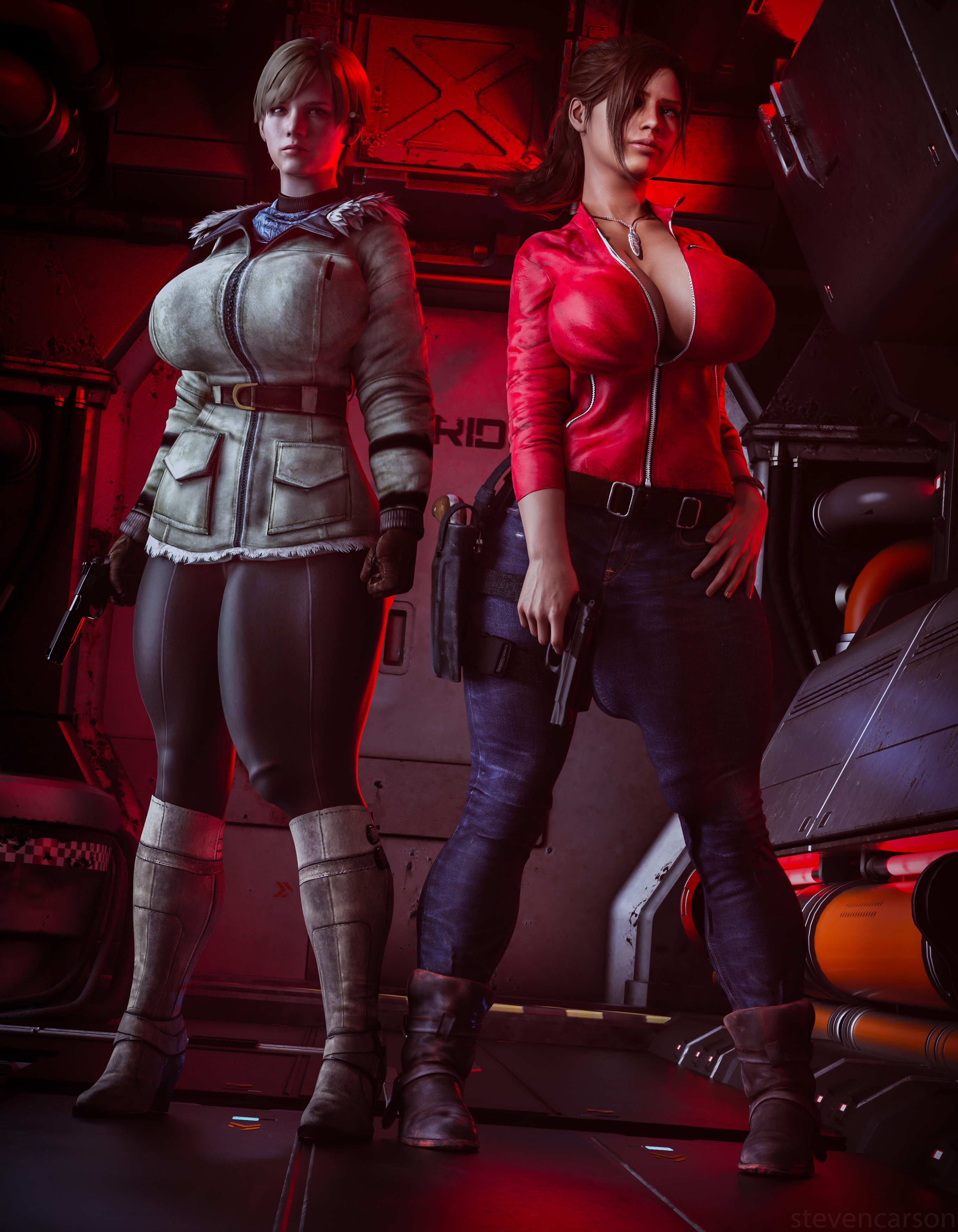 2futas, 3d, absurdres, balls, balls bulge, balls under clothes, breasts, bulge, bulge down leg, cameltail, claire redfield, cleavage, curvy, erection, erection under clothes, futa only, futa with futa, futanari, highres, huge balls, huge breasts, huge cock, hyper, hyper penis, intersex, jeans, leggings, penis, penis bulge, penis to the knees, penis under clothes, realistic, resident evil, resident evil 2, sherry birkin, spread legs, standing, stevencarson, tenting, testicles, wide hips