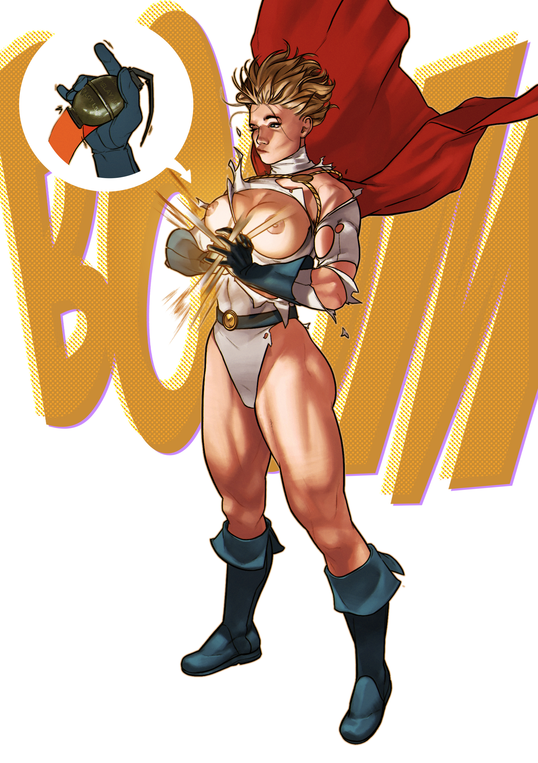 action pose, areolae, athletic, bare legs, belt, biceps, big breasts, blue eyes, boots, breasts, breasts out, busty, dc, dc comics, dima ivanov, explosion, eyelashes, female, female focus, female only, gloves, grenade, hourglass figure, kara zor-l, karen starr, leotard, muscles, muscular, muscular female, muscular thighs, navel, nipples, pinup, power girl, ripped clothing, solo, standing, superman (series), text, toned, toned female, torn clothes, torn leotard, wardrobe malfunction, wide hips