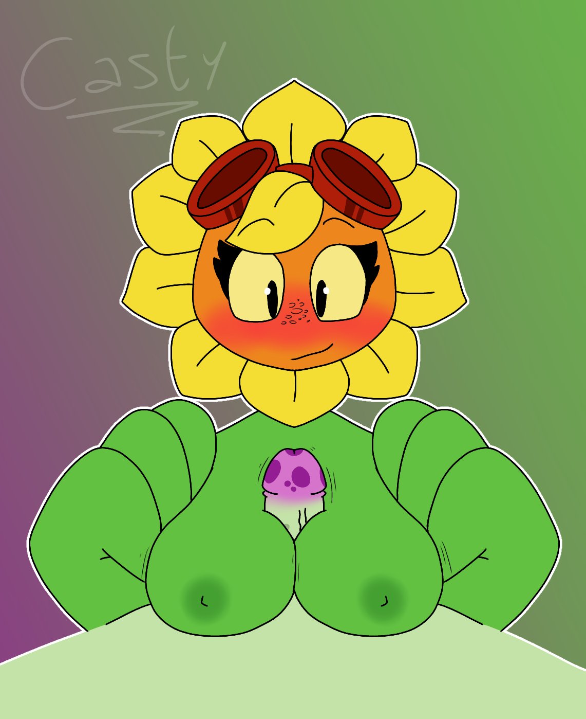 anthro, breasts, female, flora fauna, flower, medium breasts, outercourse, paizuri, plant, plant girl, plantie, plants vs zombies, plants vs zombies: heroes, smile, solar flare (pvz), sunflower, sunflower (pvz)