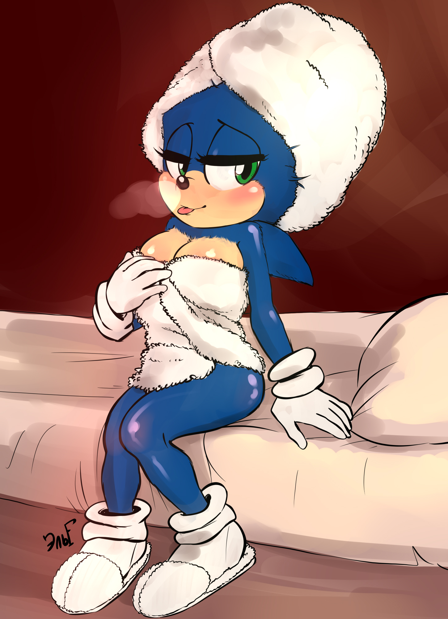 1girls, anthro, big breasts, blue fur, breasts, female, female only, genderswap, gloves, green eyes, hedgehog, looking at viewer, looking away, rule 63, slippers, smile, solo, sonic (series), sonic the hedgehog, sonic the hedgehog (film), sonic the hedgehog (series), sonique the hedgehog, towel, towel around waist, towel on head