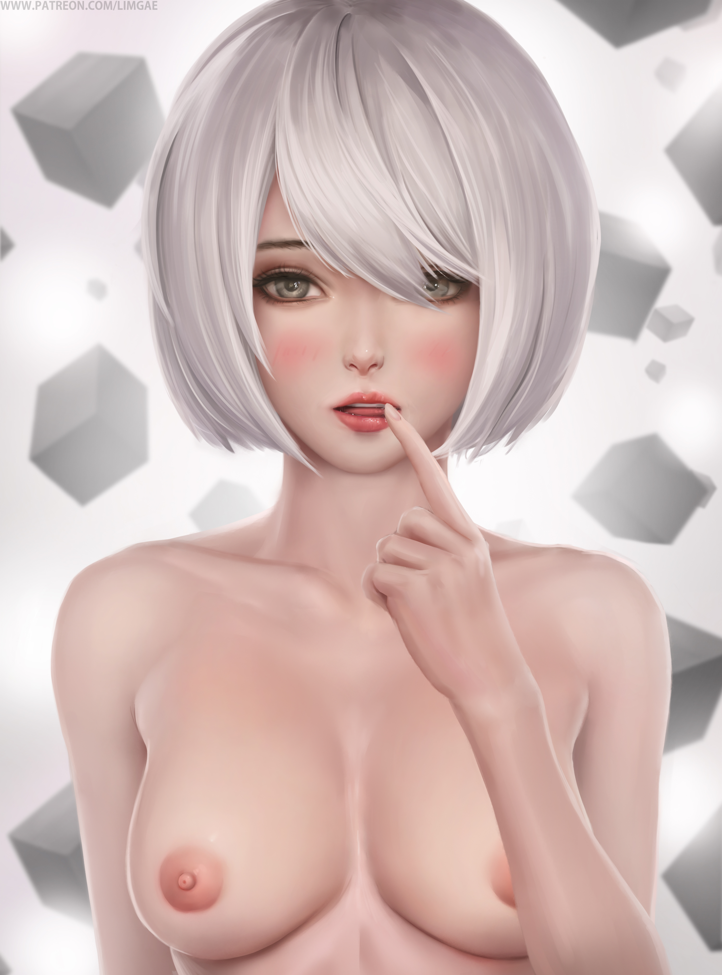 1girls, 2020, absurdres, breasts, female, finger to mouth, grey eyes, high resolution, highres, limgae, looking at viewer, mole, mole under mouth, nier (series), nier: automata, nipples, nude, open mouth, smile, teeth, tongue, uncensored, upper teeth, white hair, yorha 2b