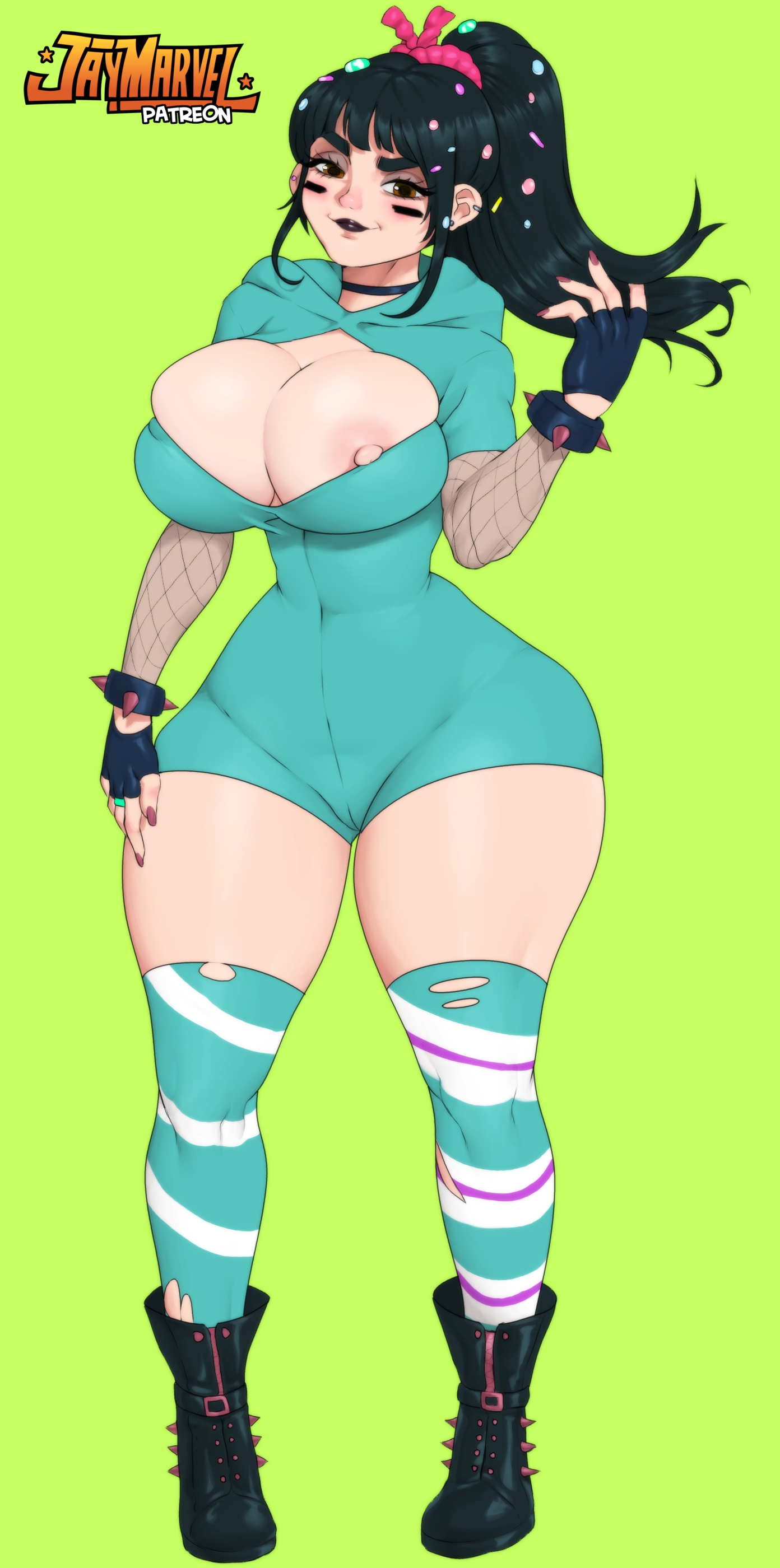 1girls, 2020, 2d, 2d (artwork), 2d artwork, aged up, alternate breast size, alternate version available, areola, areolae, ass, big ass, big breasts, big butt, black hair, boots, breasts, brown eyes, busty, curvy, disney, earrings, female, female only, fishnet armwear, gloves, green background, green clothing, green eyes, hairband, hips, hourglass figure, huge breasts, jacket, jay-marvel, large breasts, legs, light skin, light-skinned female, looking at viewer, lower body, makeup, nipples, ponytail, puffy nipples, ralph breaks the internet, smile, solo, spiked bracelet, stockings, tagme, thick, thick legs, thick thighs, thighhighs, tight clothing, torn thighhighs, upper body, vanellope von schweetz, voluptuous, waist, watermark, wide hips, wreck-it ralph